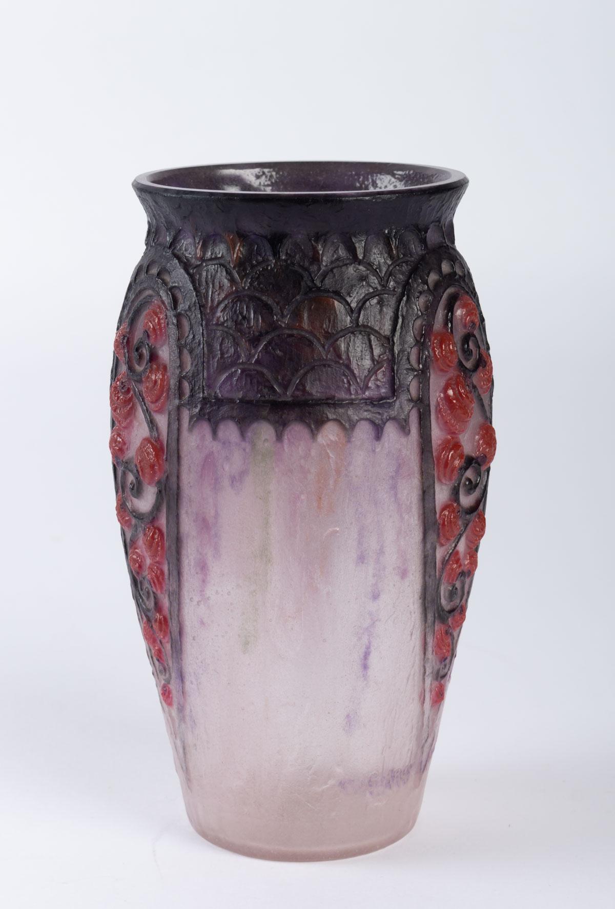 French 1924 Gabriel Argy-Rousseau Primeveres Vase Pate de Verre Cameo Glass