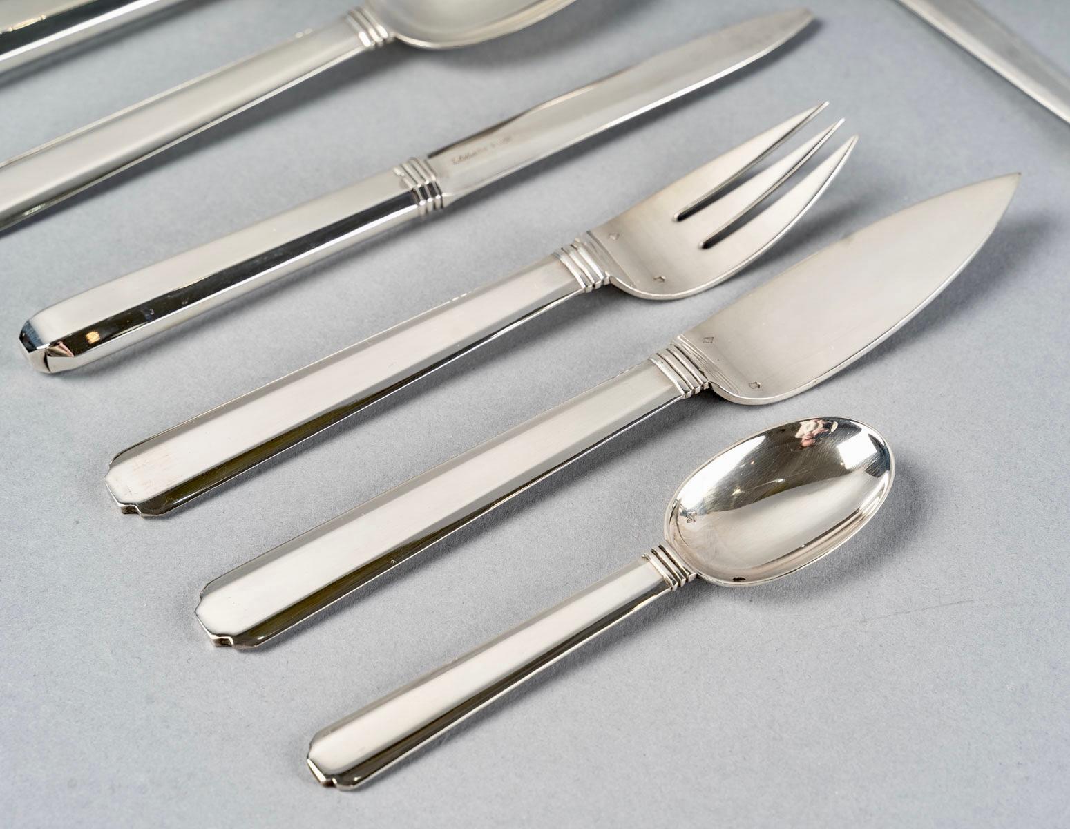 French 1924 Jean E. Puiforcat Set Of Flatware Cutlery Bayonne Sterling Silver 58 Pieces