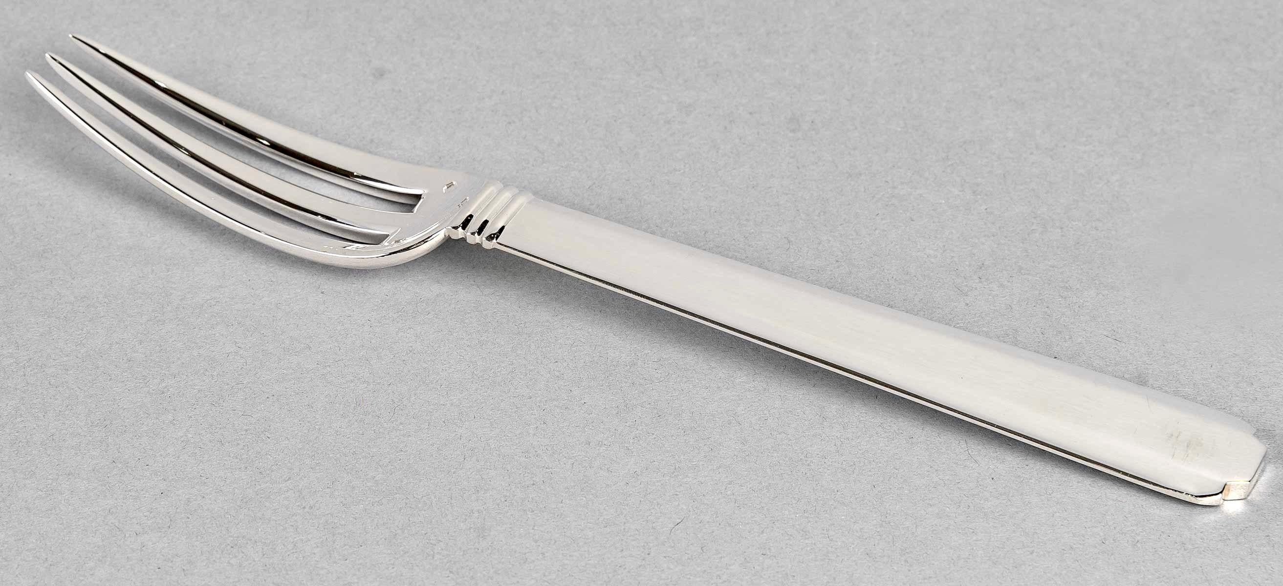 Art Deco 1924 Jean Puiforcat, Set of 6 Bayonne Table Forks Sterling Silver For Sale