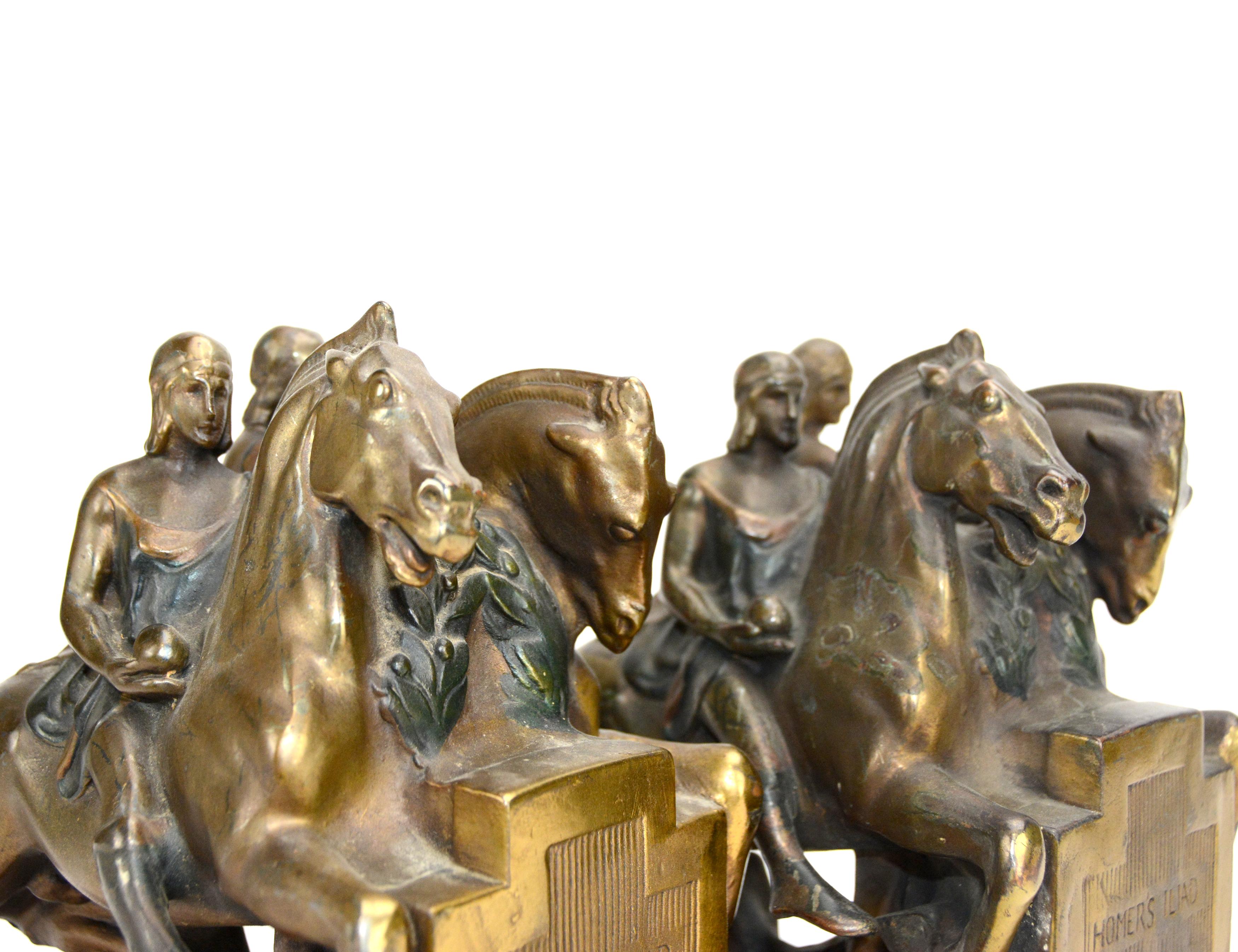 1924 Pair of Homer's Iliad Horseman Pompeian Bronze Bookends with Original Color For Sale 4