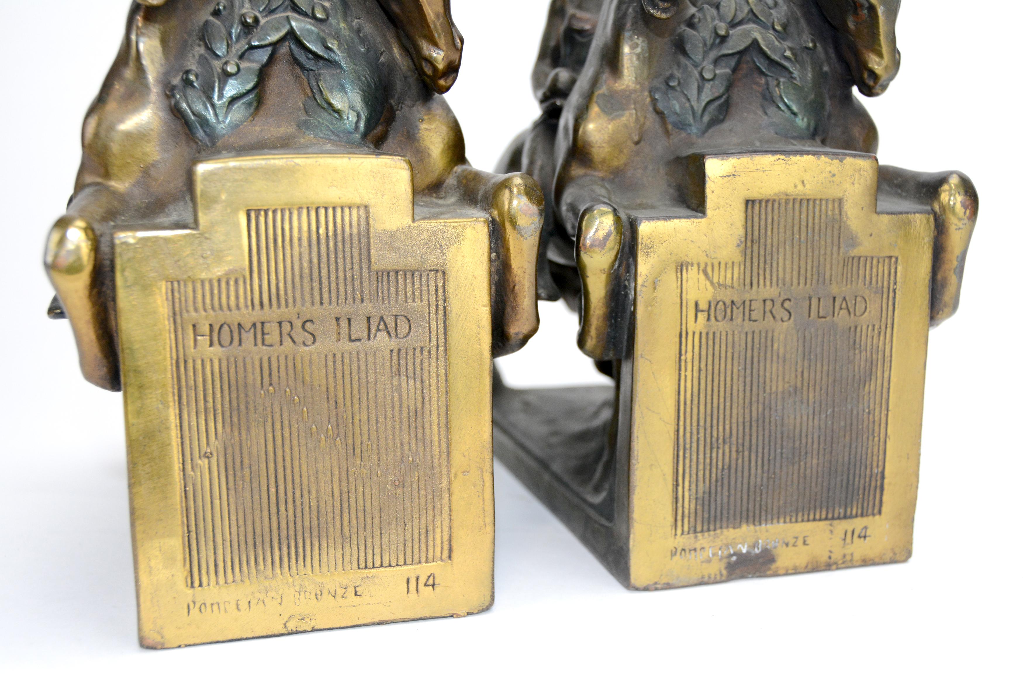 1924 Pair of Homer's Iliad Horseman Pompeian Bronze Bookends with Original Color For Sale 5