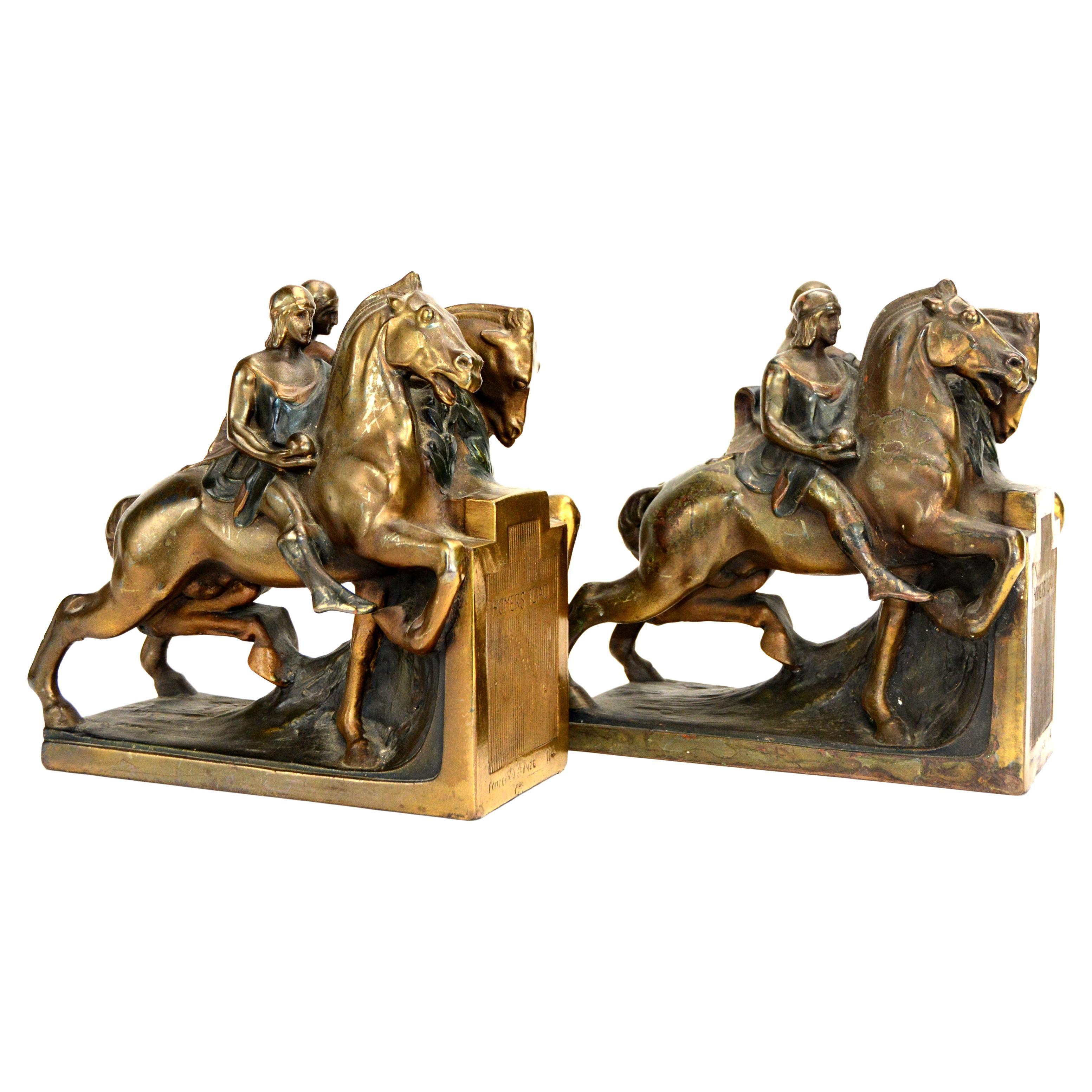 For your consideration is an antique pair of Homer's Iliad bronze bookends. It's made around 1924, yet still has its beautiful original colors. Please note this is an original antique by Pompeian Bronze, not a reproduction that commonly found