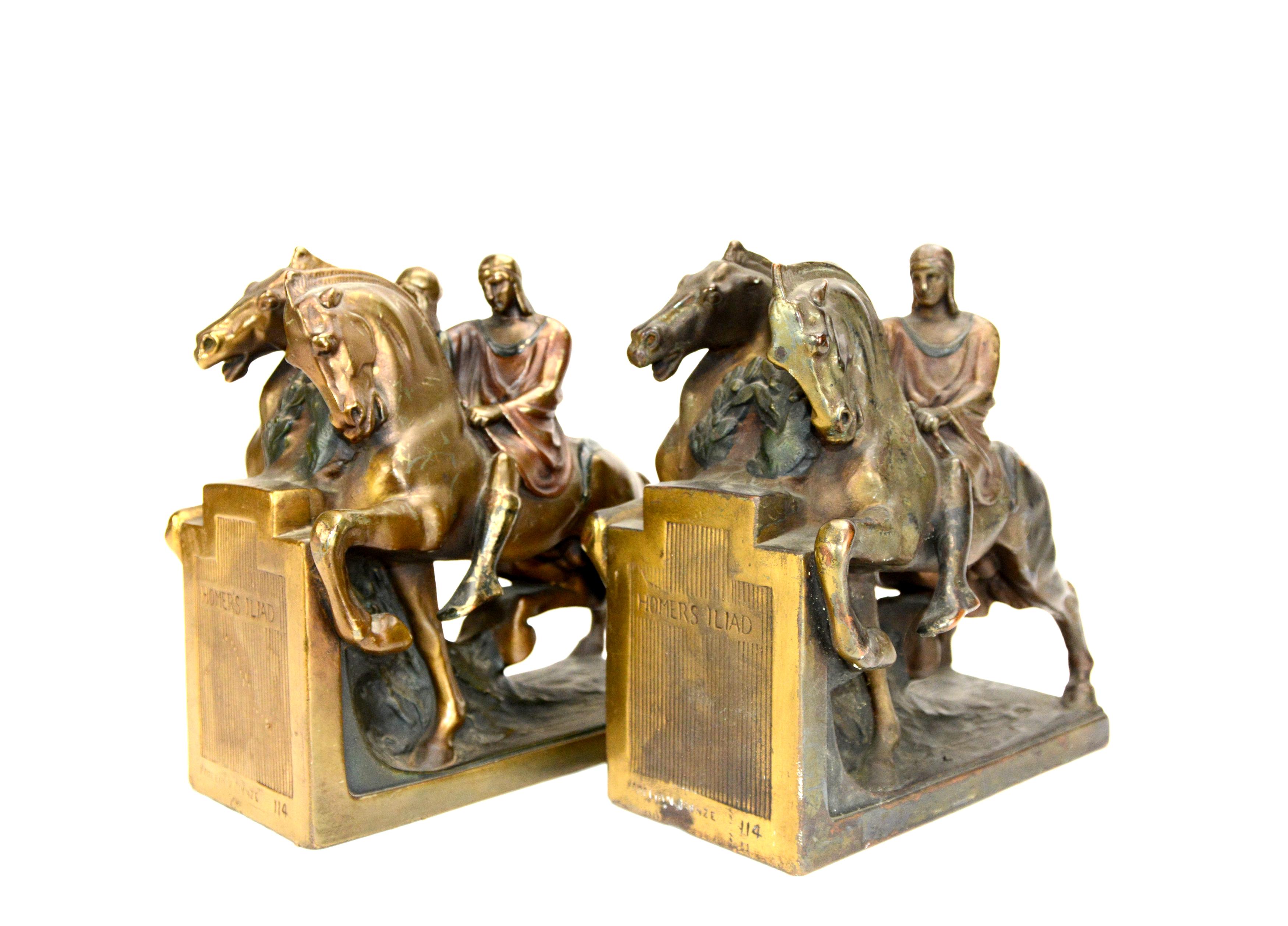 American 1924 Pair of Homer's Iliad Horseman Pompeian Bronze Bookends with Original Color For Sale