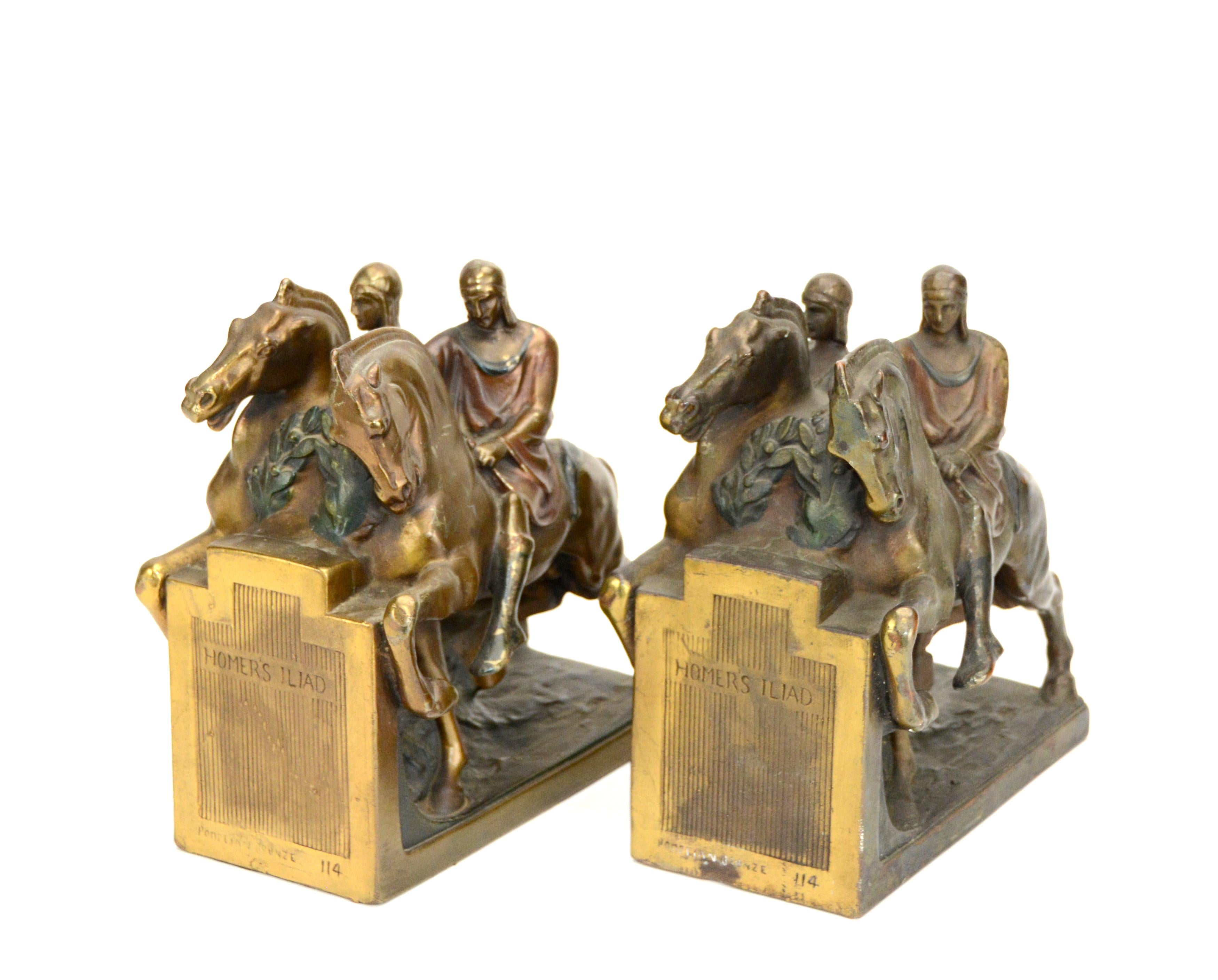 1924 Pair of Homer's Iliad Horseman Pompeian Bronze Bookends with Original Color In Good Condition For Sale In Danville, CA
