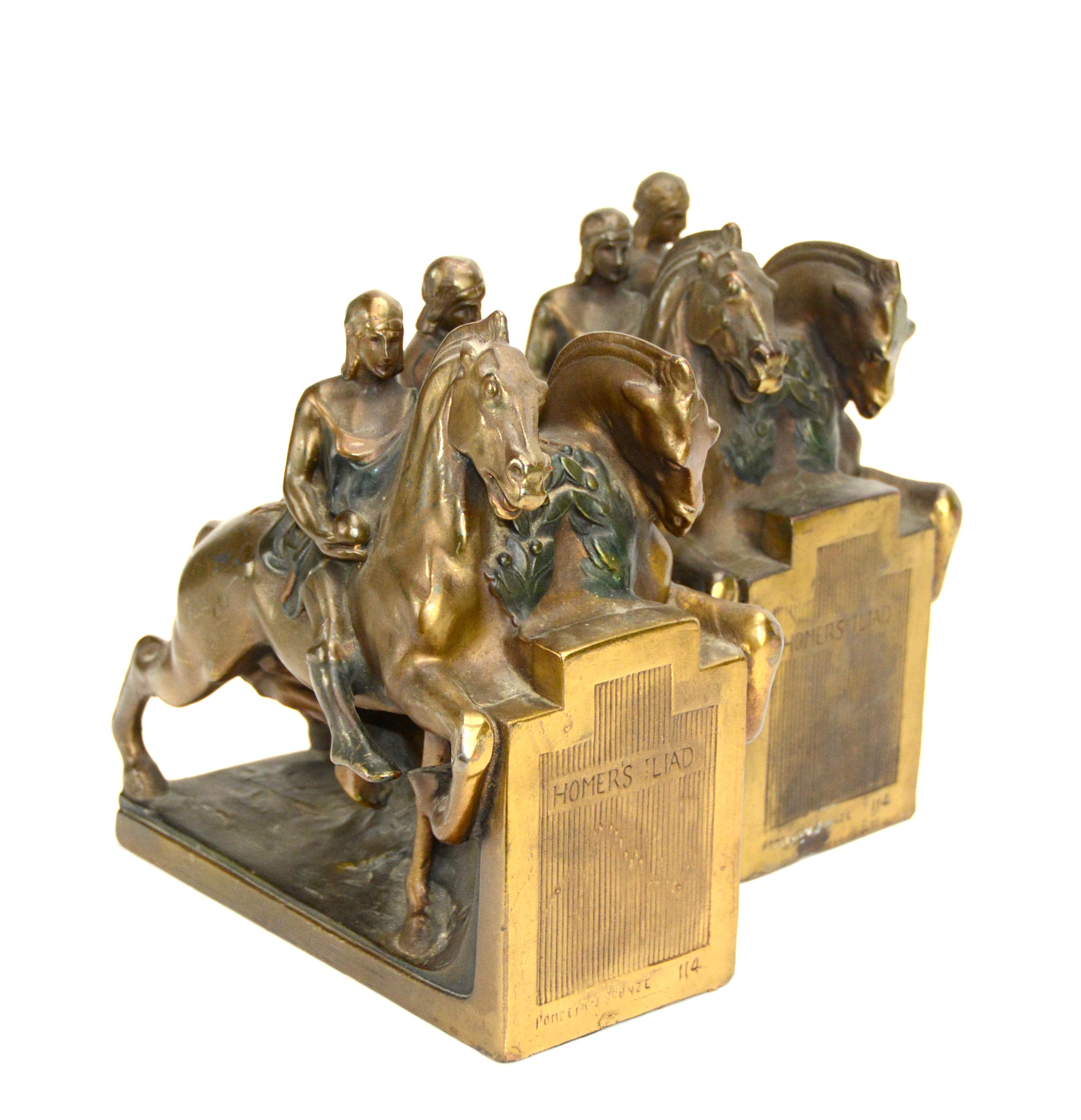Early 20th Century 1924 Pair of Homer's Iliad Horseman Pompeian Bronze Bookends with Original Color For Sale