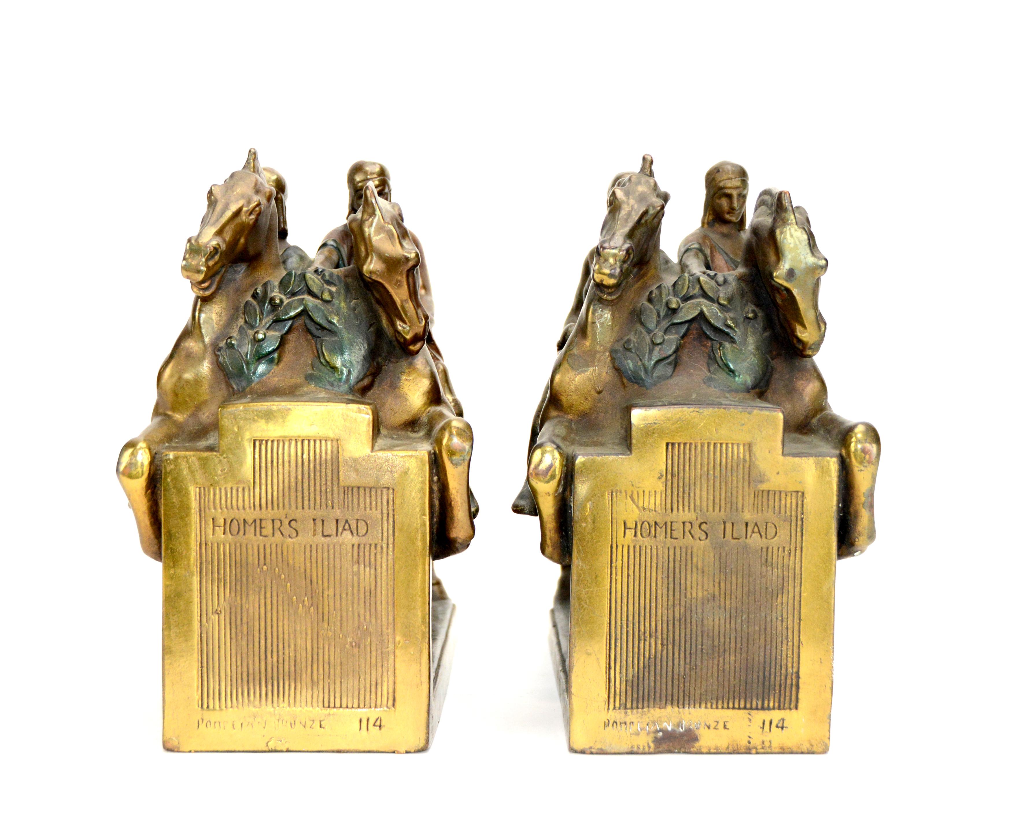 1924 Pair of Homer's Iliad Horseman Pompeian Bronze Bookends with Original Color For Sale 1