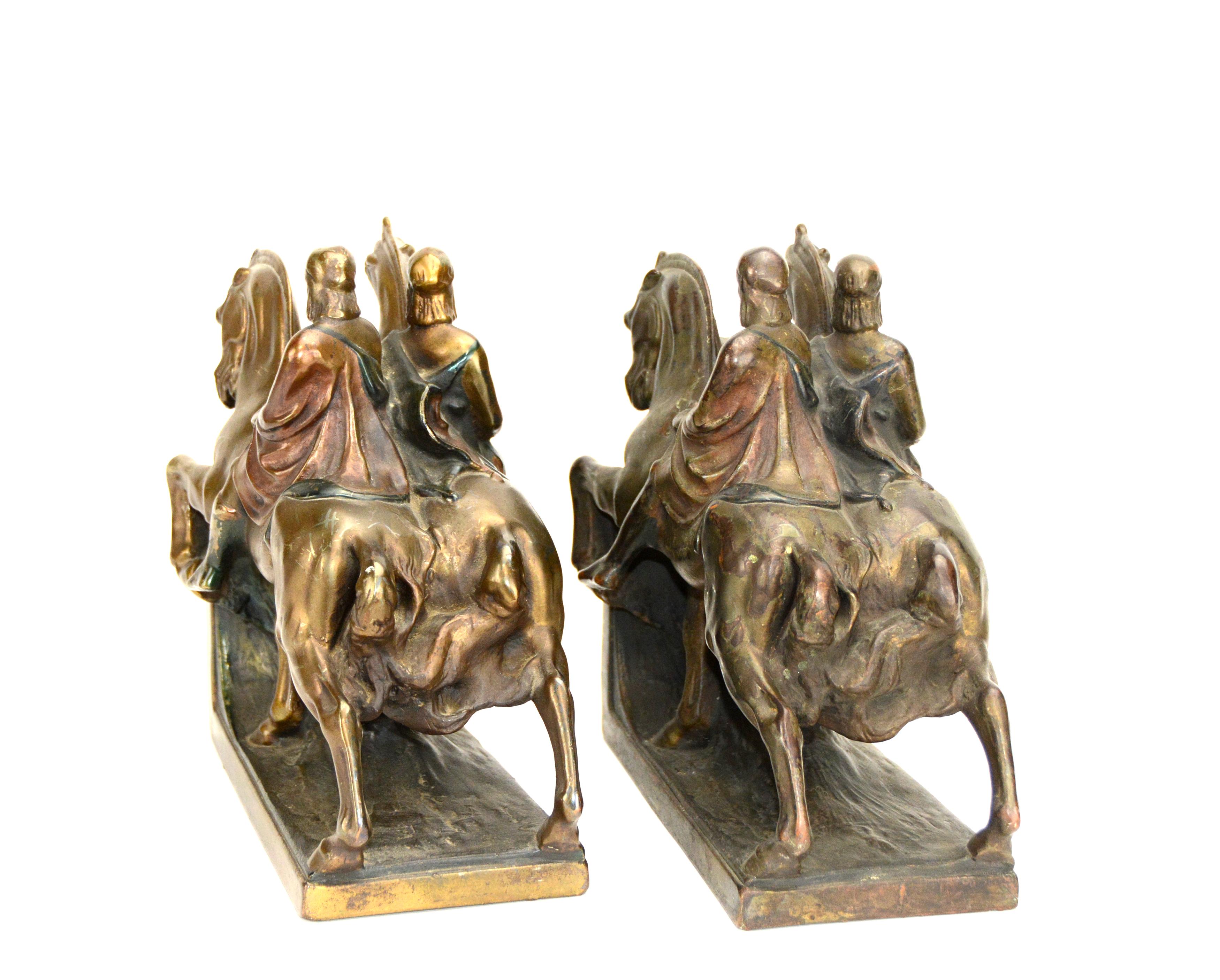 1924 Pair of Homer's Iliad Horseman Pompeian Bronze Bookends with Original Color For Sale 2