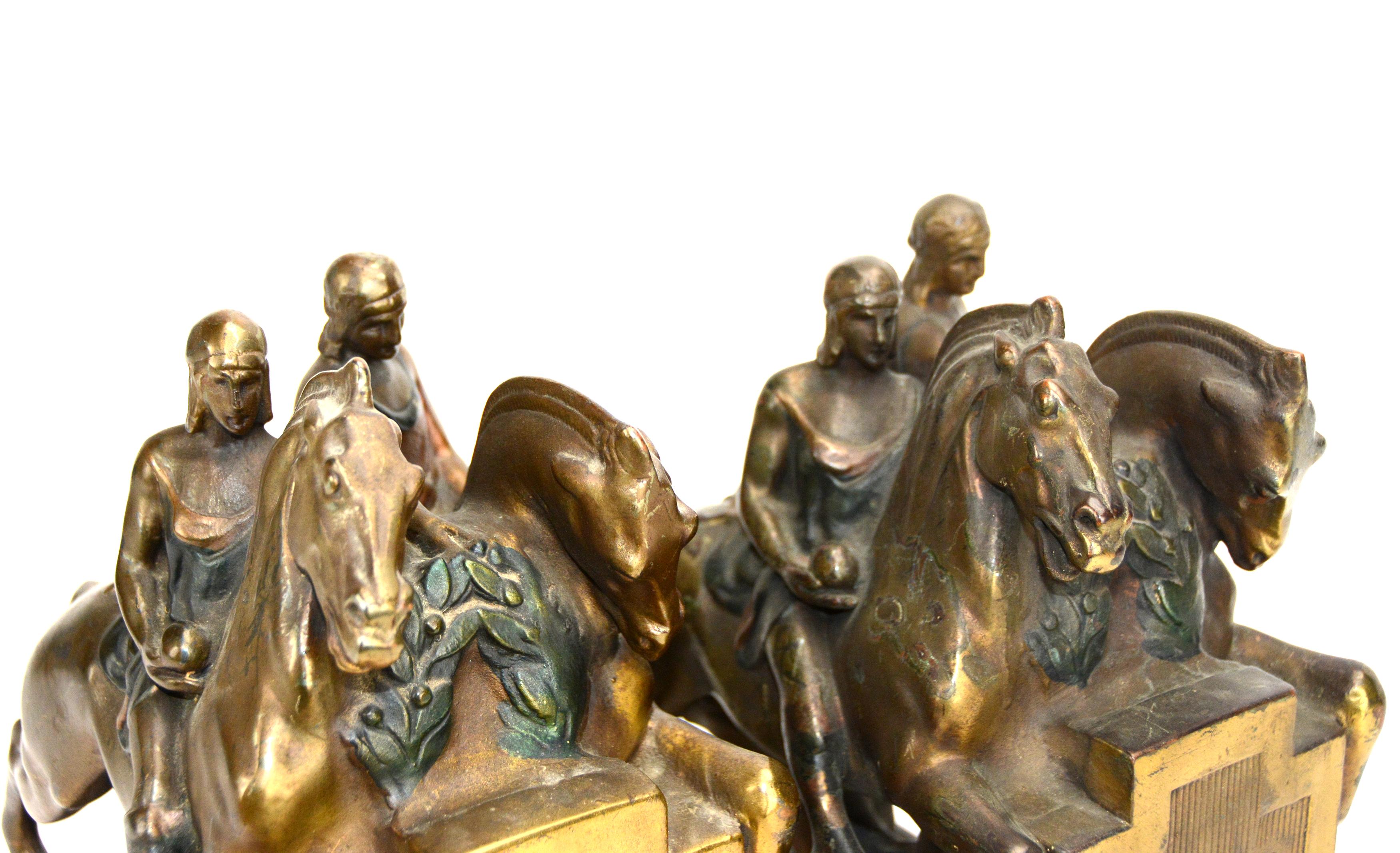 1924 Pair of Homer's Iliad Horseman Pompeian Bronze Bookends with Original Color For Sale 3