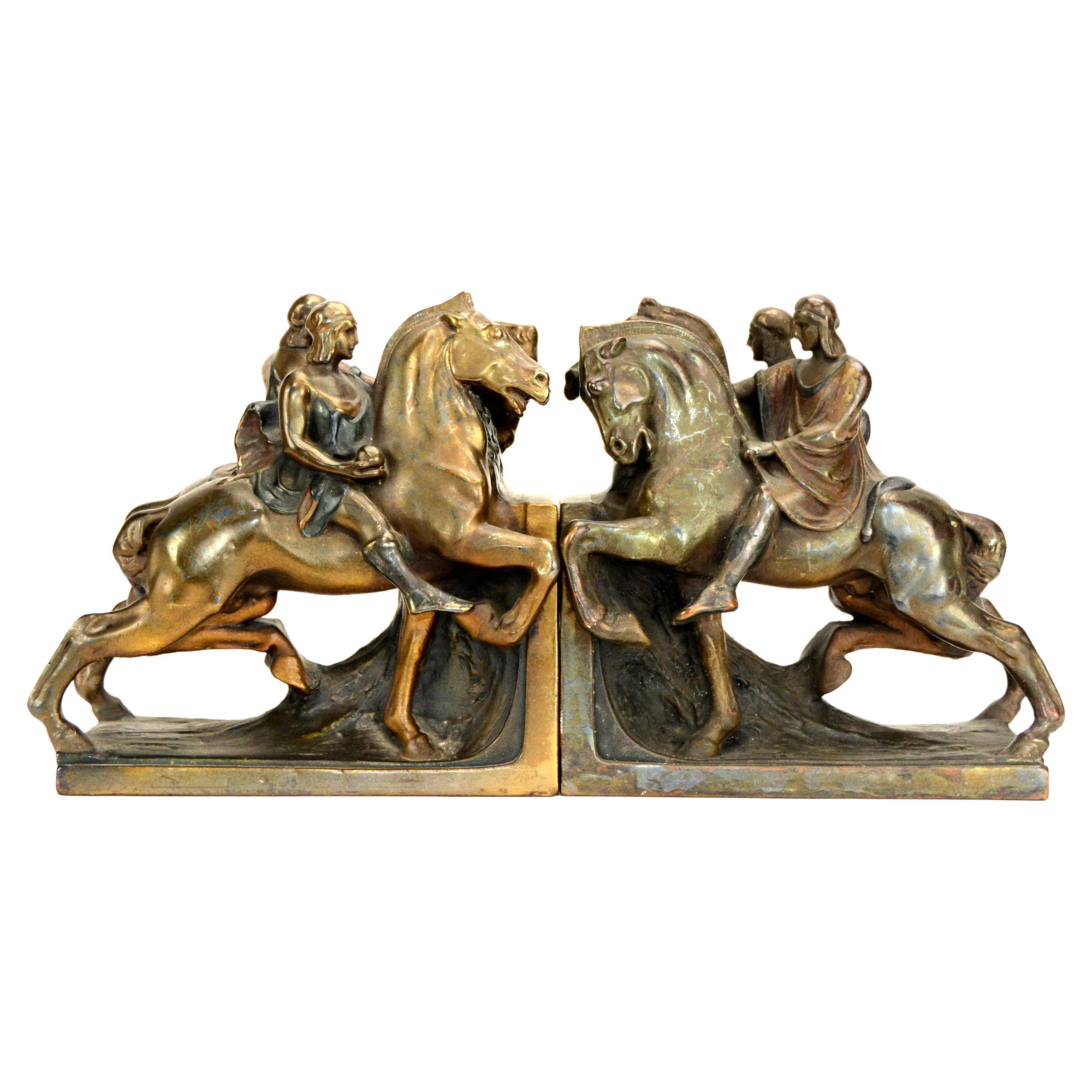 1924 Pair of Homer's Iliad Horseman Pompeian Bronze Bookends with Original Color For Sale