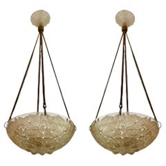 1924 René Lalique - 2 Ceiling Fixtures Lights Chandeliers Charmes Glass Sepia