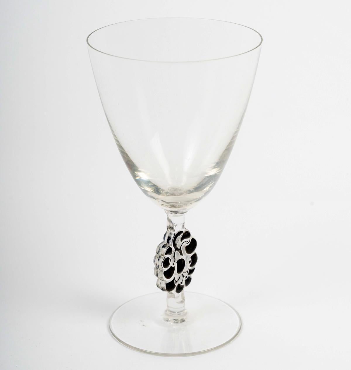 French 1924 René Lalique 4 Thionville Water Glasses Glass with Black Enamel For Sale