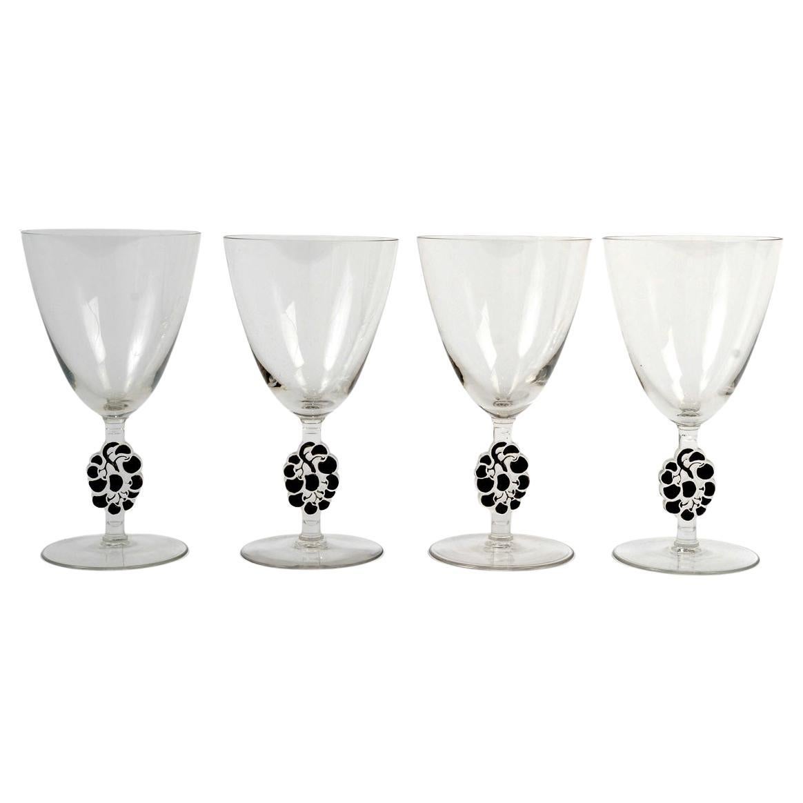 1924 René Lalique 4 Thionville Wassergläser Glas mit schwarzer Emaille