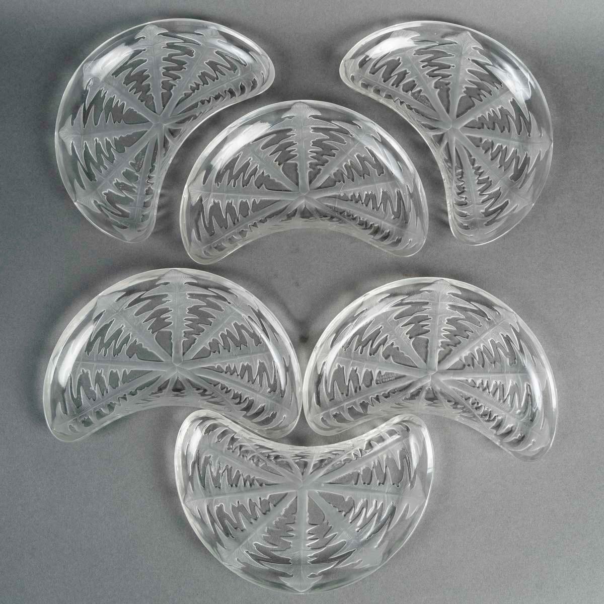 1924 Rene Lalique - 6 Platos de Ensalada Medialuna Pissenlit Vidrio Diente de León Europeo en venta