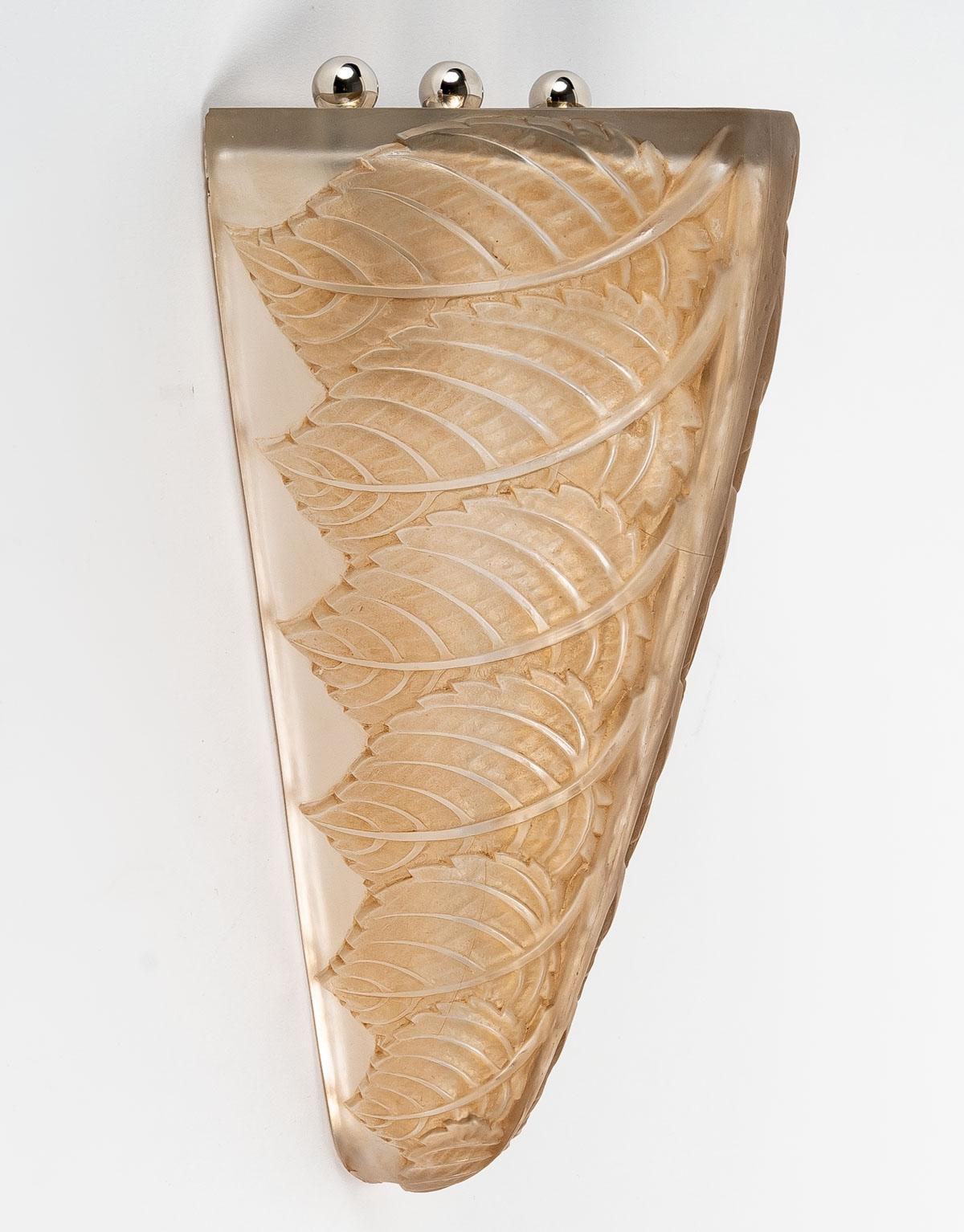 French 1924 René Lalique - Art Deco Noisetier Sconces Wall Lights Glass Sepia Patina