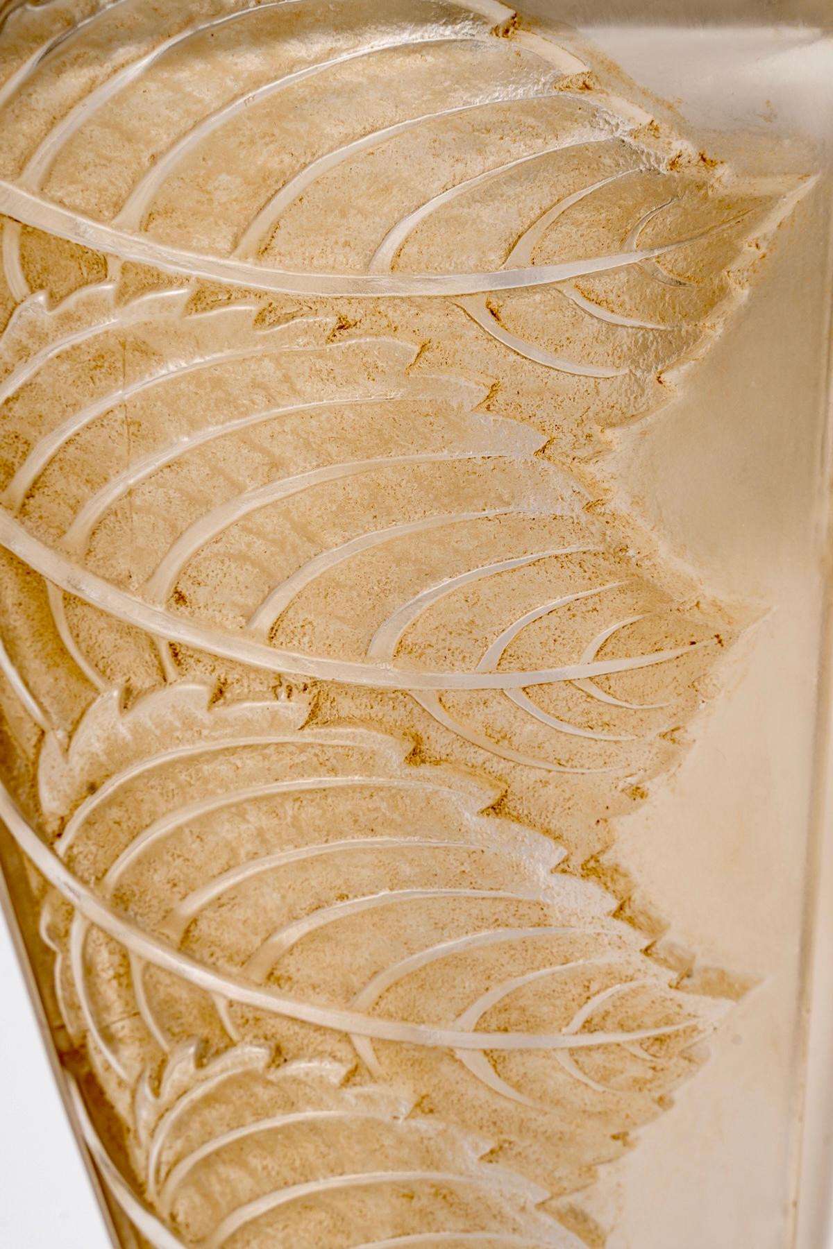 Early 20th Century 1924 René Lalique - Art Deco Noisetier Sconces Wall Lights Glass Sepia Patina