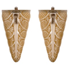 1924 René Lalique - Art Deco Noisetier Sconces Wall Lights Glass Sepia Patina