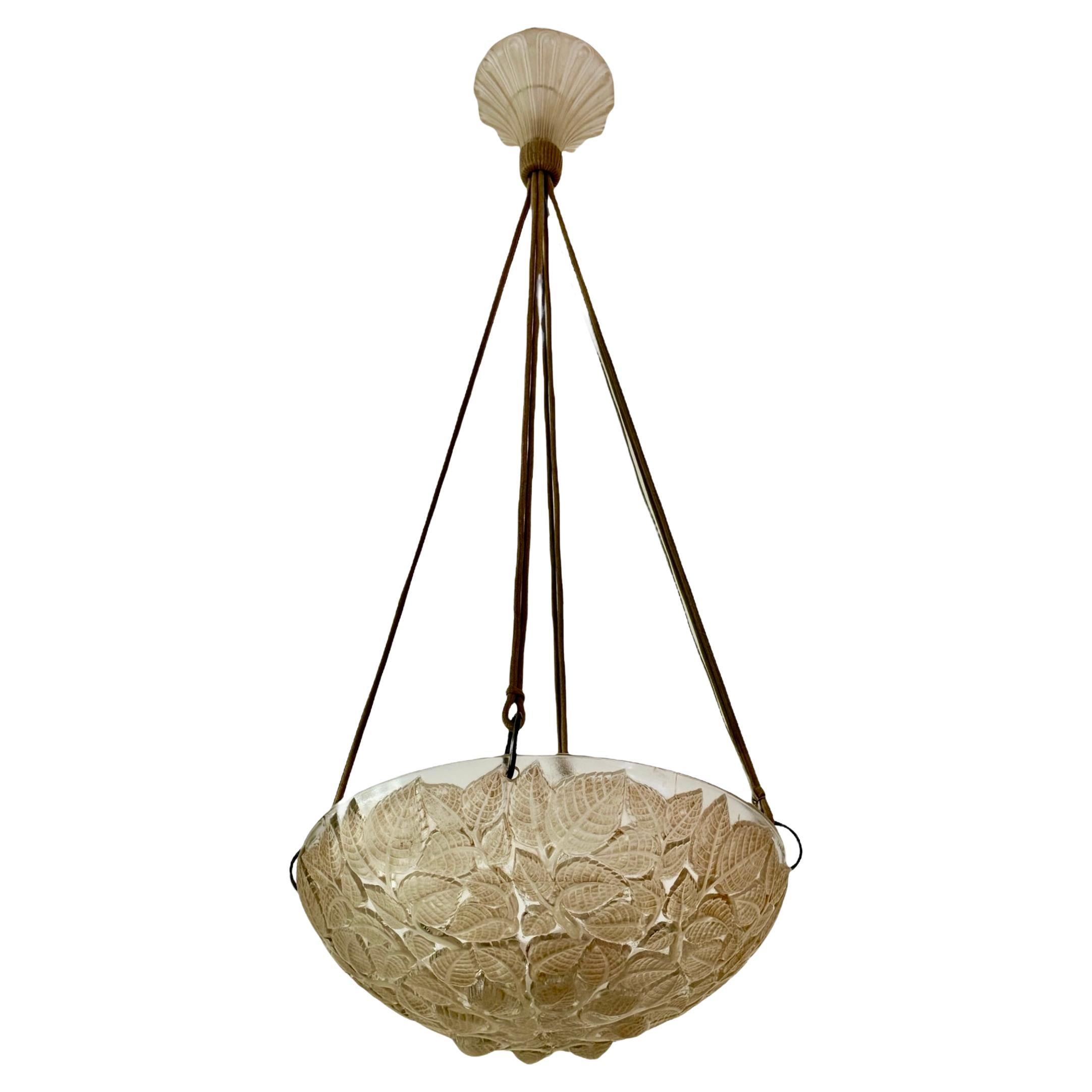1924 René Lalique plafonnier Light Chandelier Charmes Verre Sepia Patina