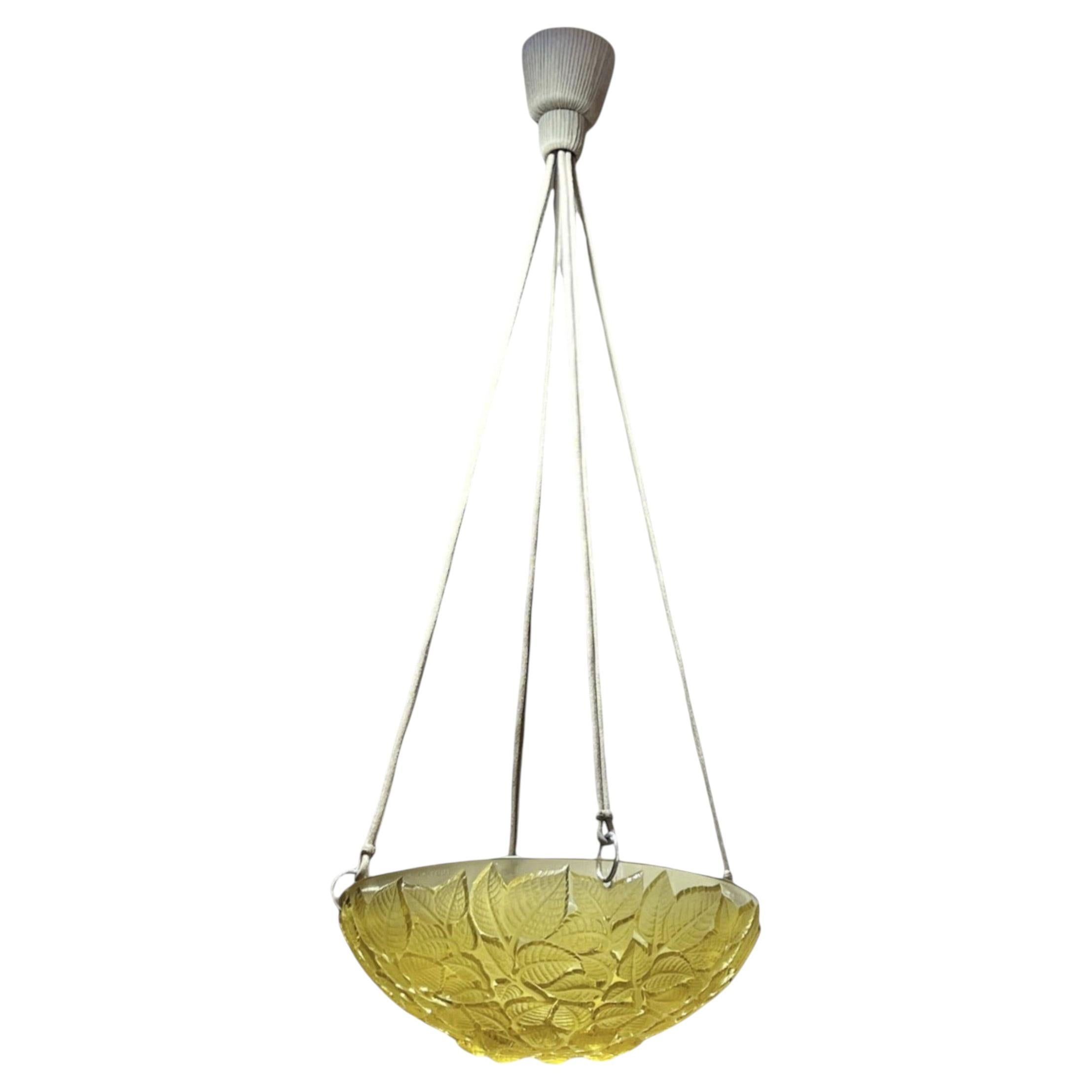 1924 René Lalique - Ceiling Fixture Light Chandelier Charmes Yellow Glass