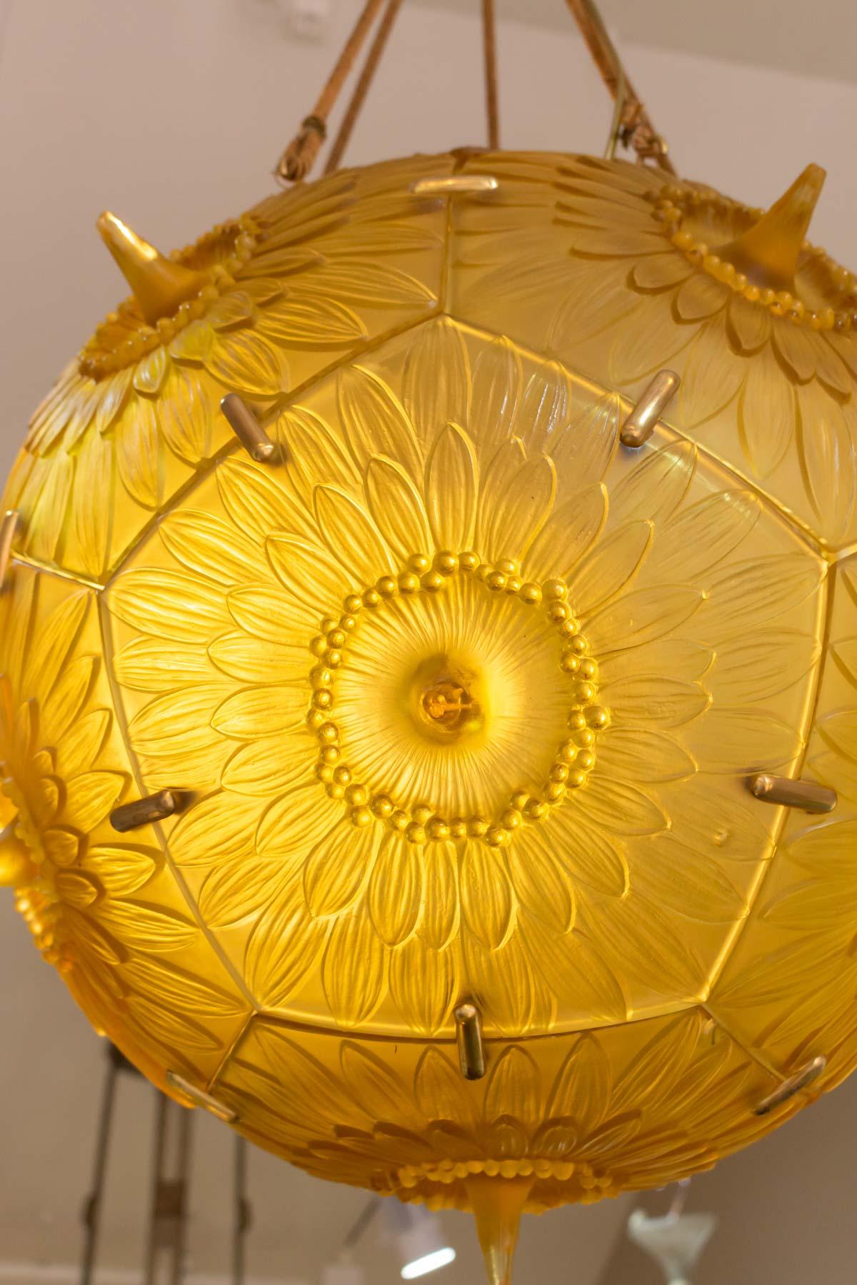 Art Deco 1924 René Lalique Complete Passiflore Chandelier Light Fixture Yellow Glass