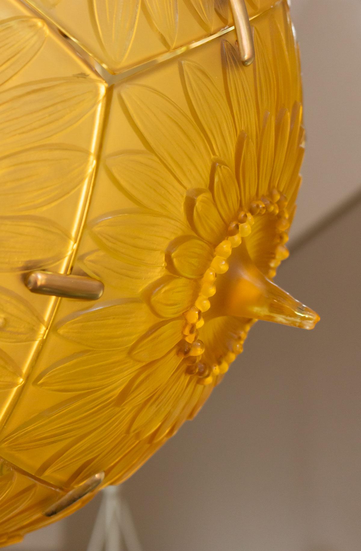 French 1924 René Lalique Complete Passiflore Chandelier Light Fixture Yellow Glass