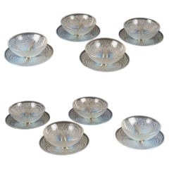 1924 René Lalique - Dishes 8 Plates 8 Bowls Coquilles Shells Opalescent Glass