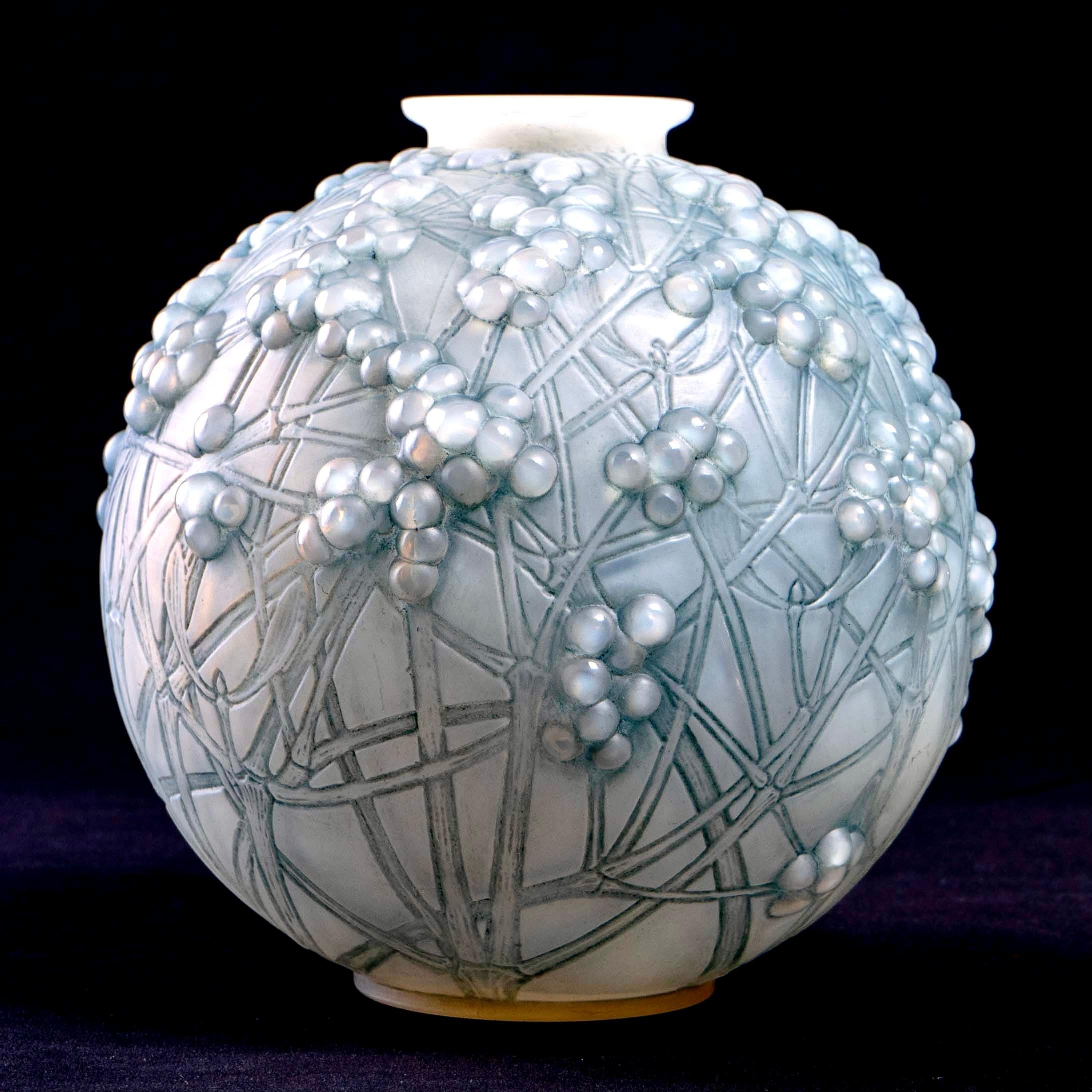 Early 20th Century 1924 René Lalique Druide Vase in Double Cased Opalescent Glass with Blue Patina