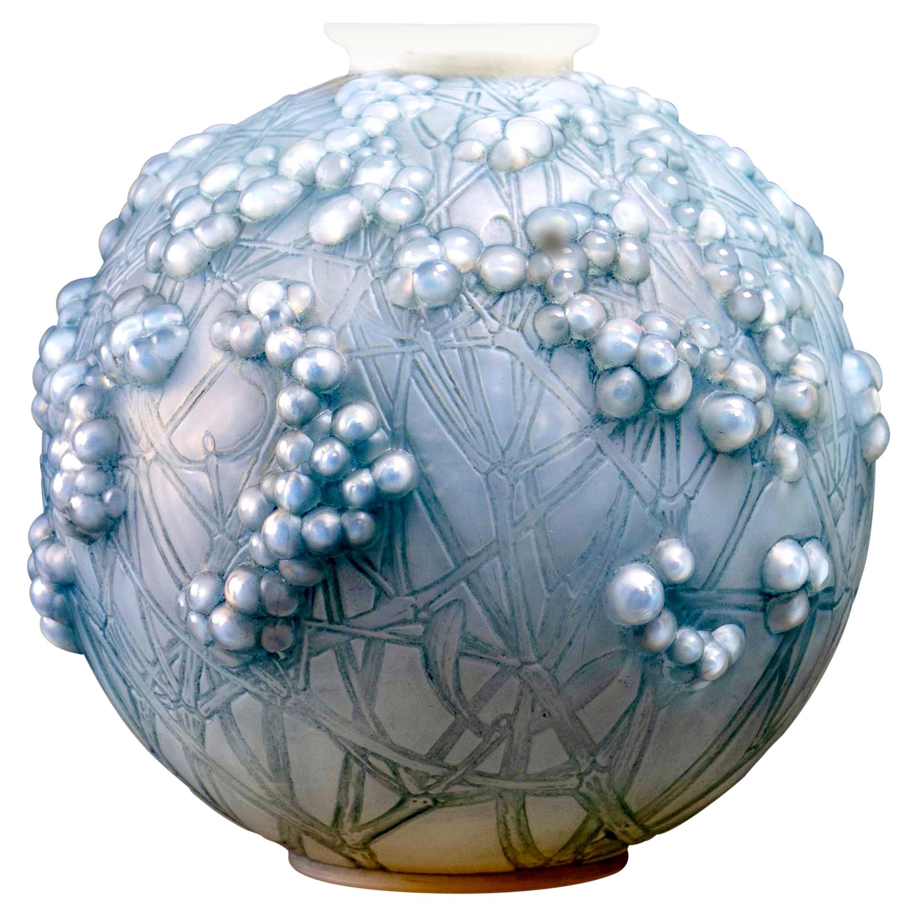 1924 René Lalique Druide Vase in Double Cased Opalescent Glass with Blue Patina