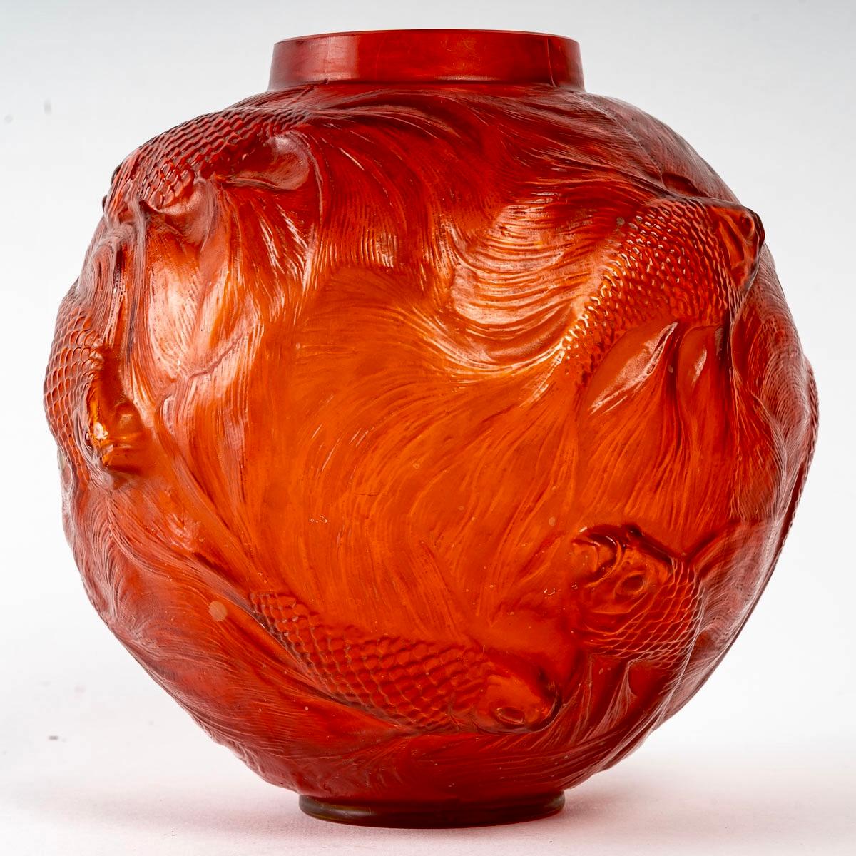 French 1924 Rene Lalique Formose Vase Double Cased Red Tomato Glass with Grey Patina