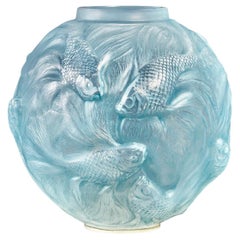 1924 Rene Lalique Formose Vase in Double Cased Opalescent Glass with Blue Stain