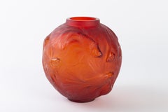 1924 Rene Lalique Formose Vase in Double Cased Red Orange Glass, Fishes Design