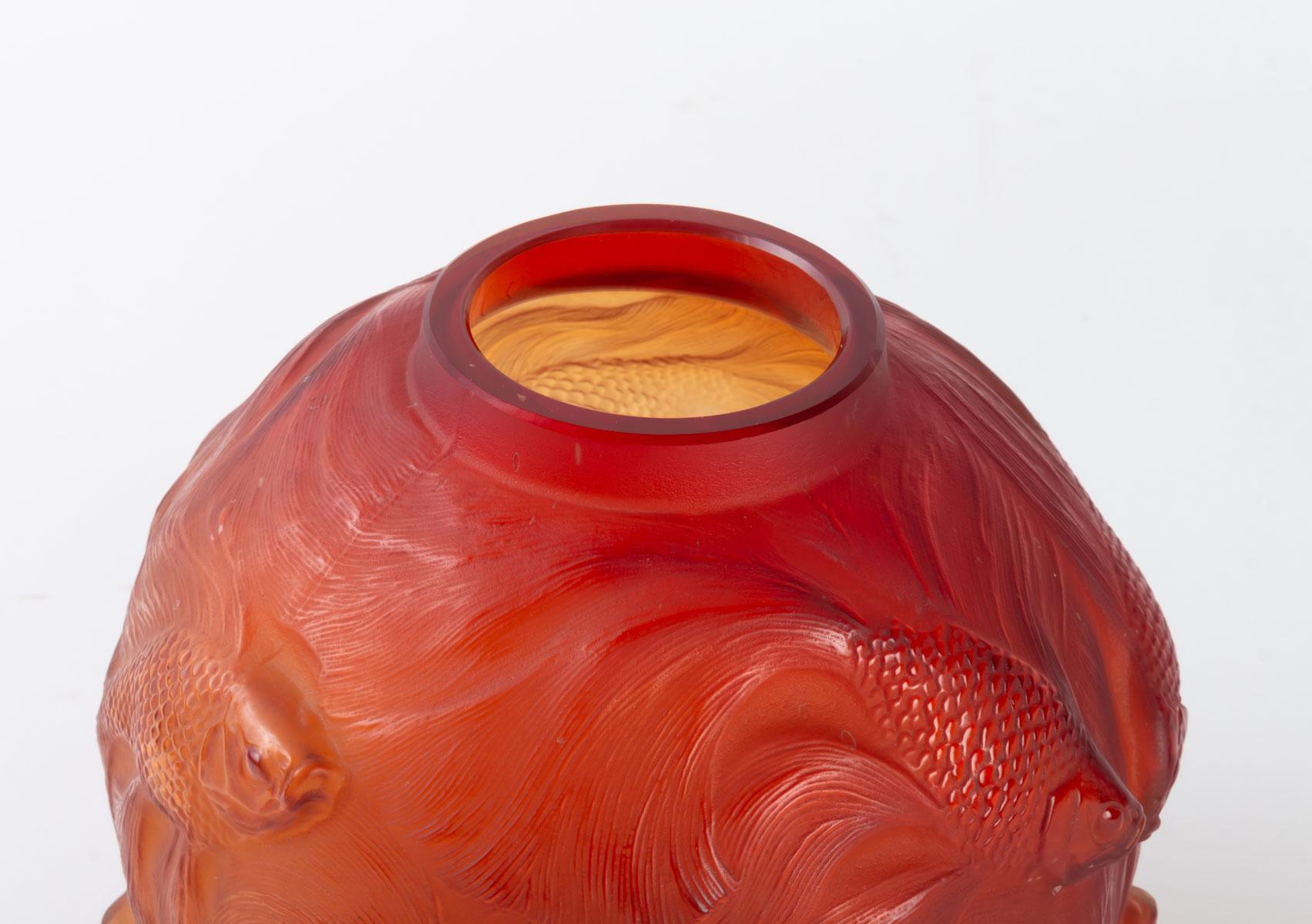 French 1924 Rene Lalique Formose Vase in Double Cased Red Orange Glass, Fishes Design