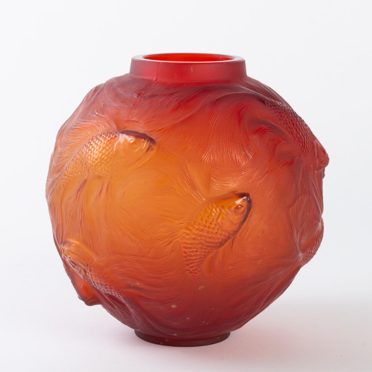Molded 1924 Rene Lalique Formose Vase in Double Cased Red Orange Glass, Fishes Design