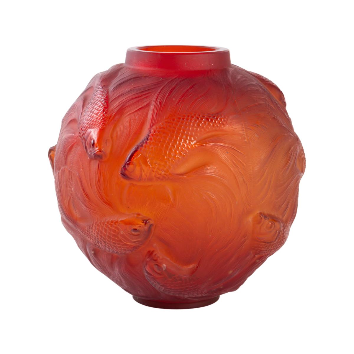 1924 Rene Lalique Formose Vase in Double Cased Red Orange Glass, Fishes Design