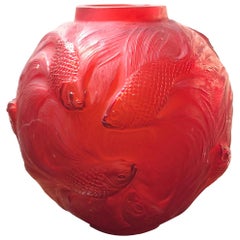 Antique 1924 Rene Lalique Formose Vase in Double Cased Red Tomato Glass, Fishes Design