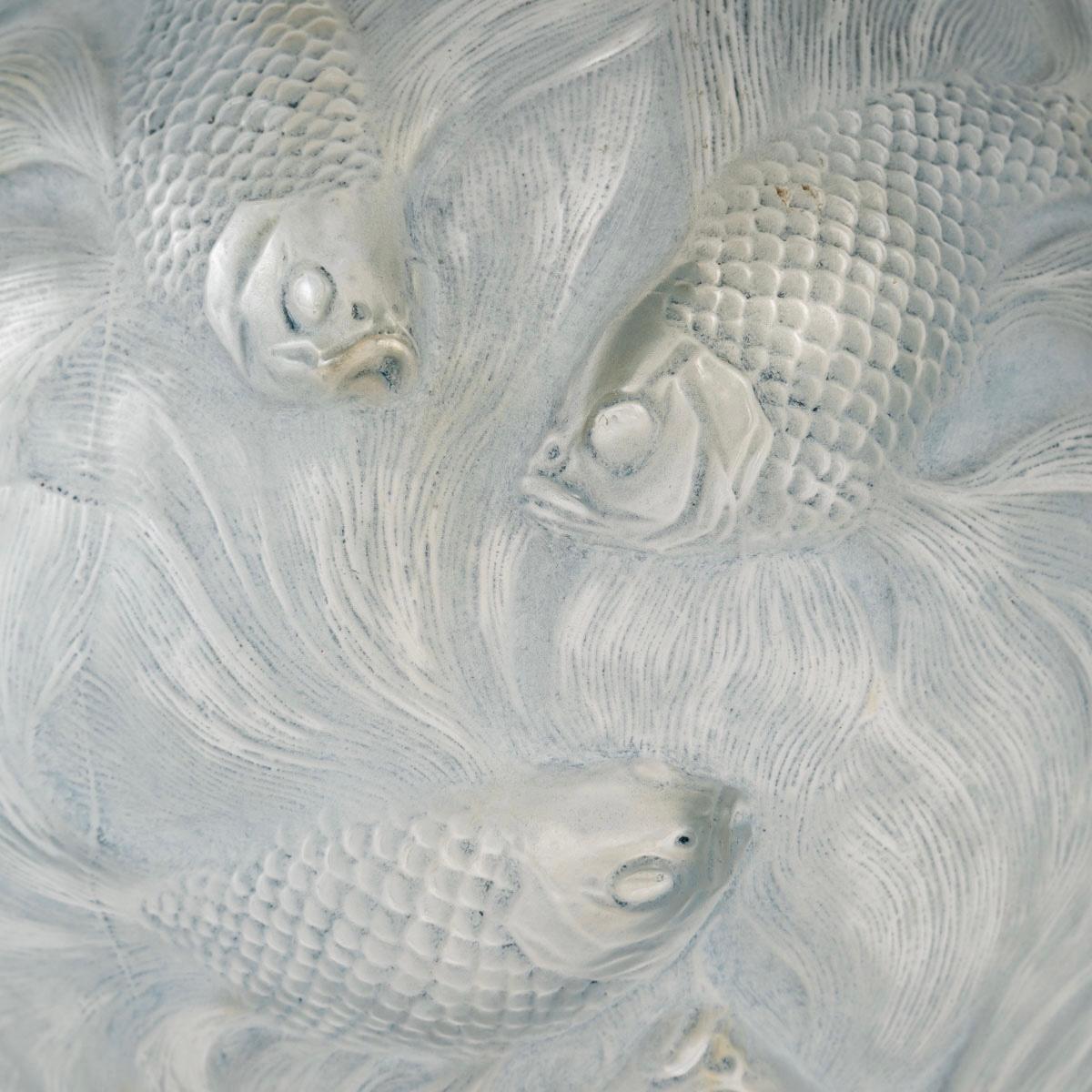 Art Deco 1924 René Lalique Formose Vase in Frosted Glass with Blue Patina, Fishes