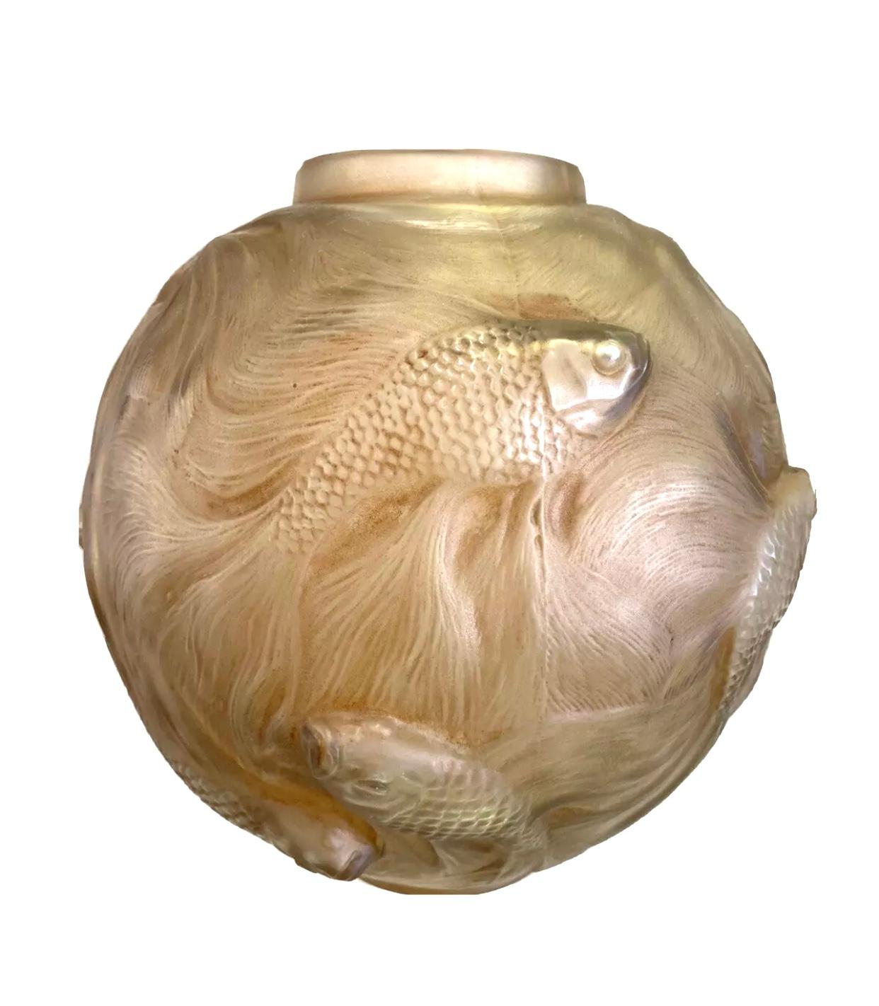 Molded 1924 René Lalique Formose Vase in Frosted Glass with Sepia Stain, Fishes