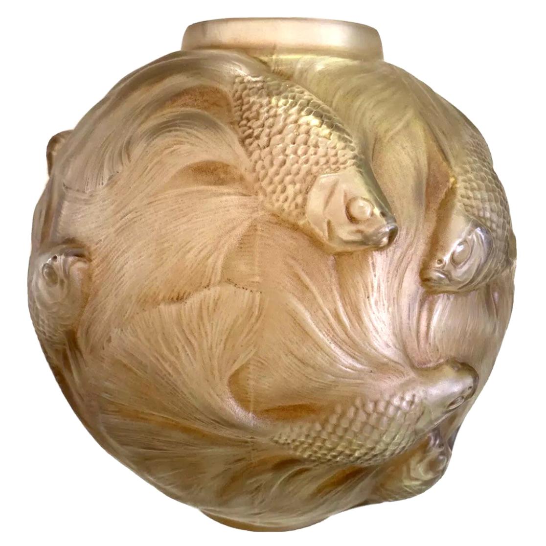 1924 René Lalique Formose Vase in Frosted Glass with Sepia Stain, Fishes