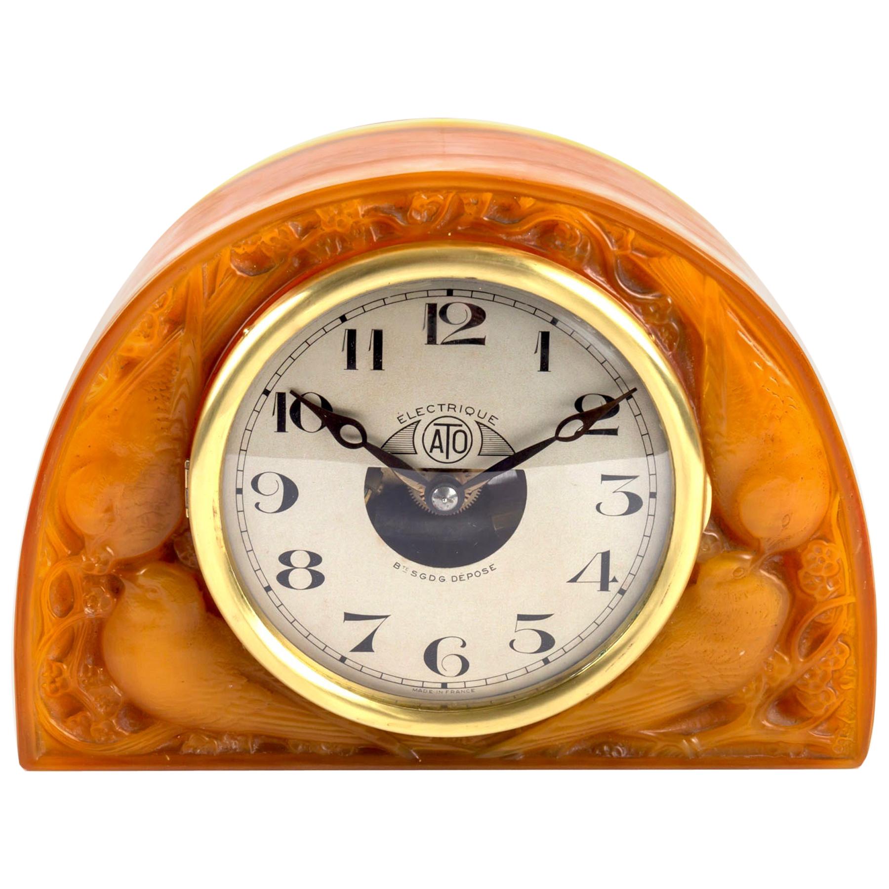 1924 René Lalique Moineaux Clock Butterscotch Glass Original ATO Movement
