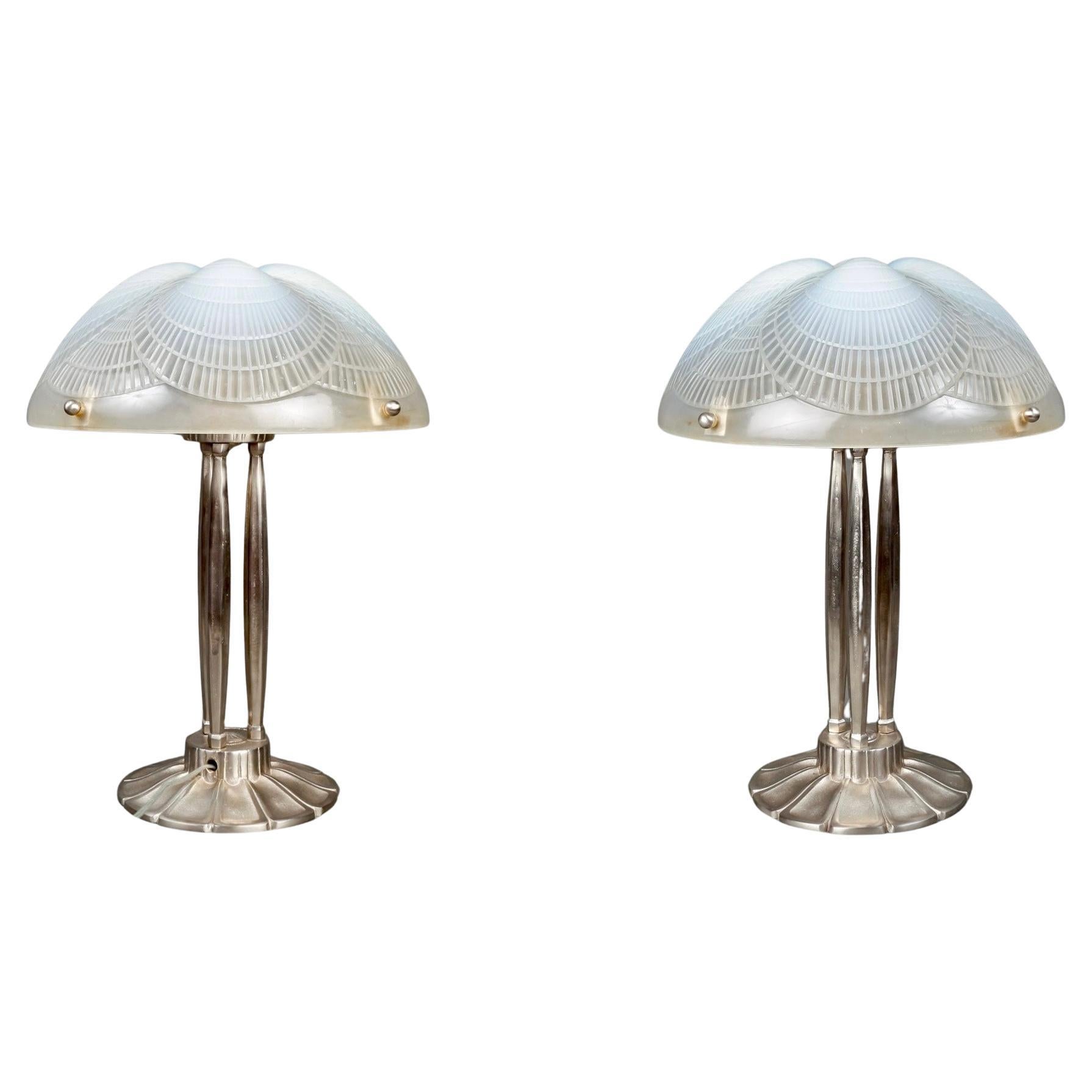 1924 René Lalique - Pair Of Lamps Coquilles Opalescent Glass & Nickeled Bronze