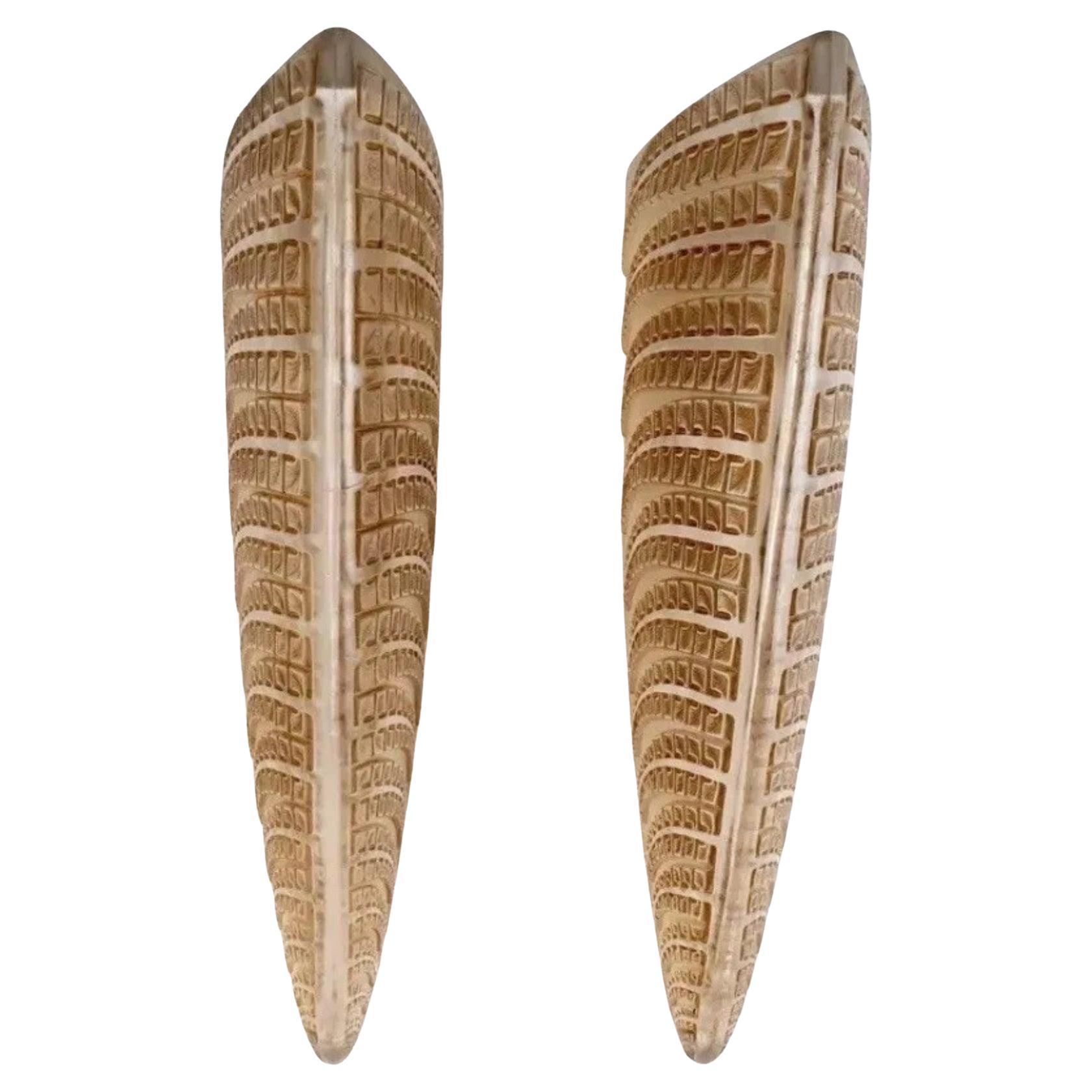 1924 Rene Lalique Pair of Sconces Wall Lights Fougeres Glass with Sepia Patina For Sale