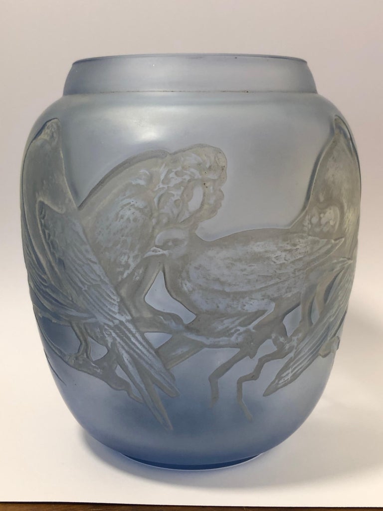 1924 René Lalique Pigeons Vase in Light Blue Glass with White Patina