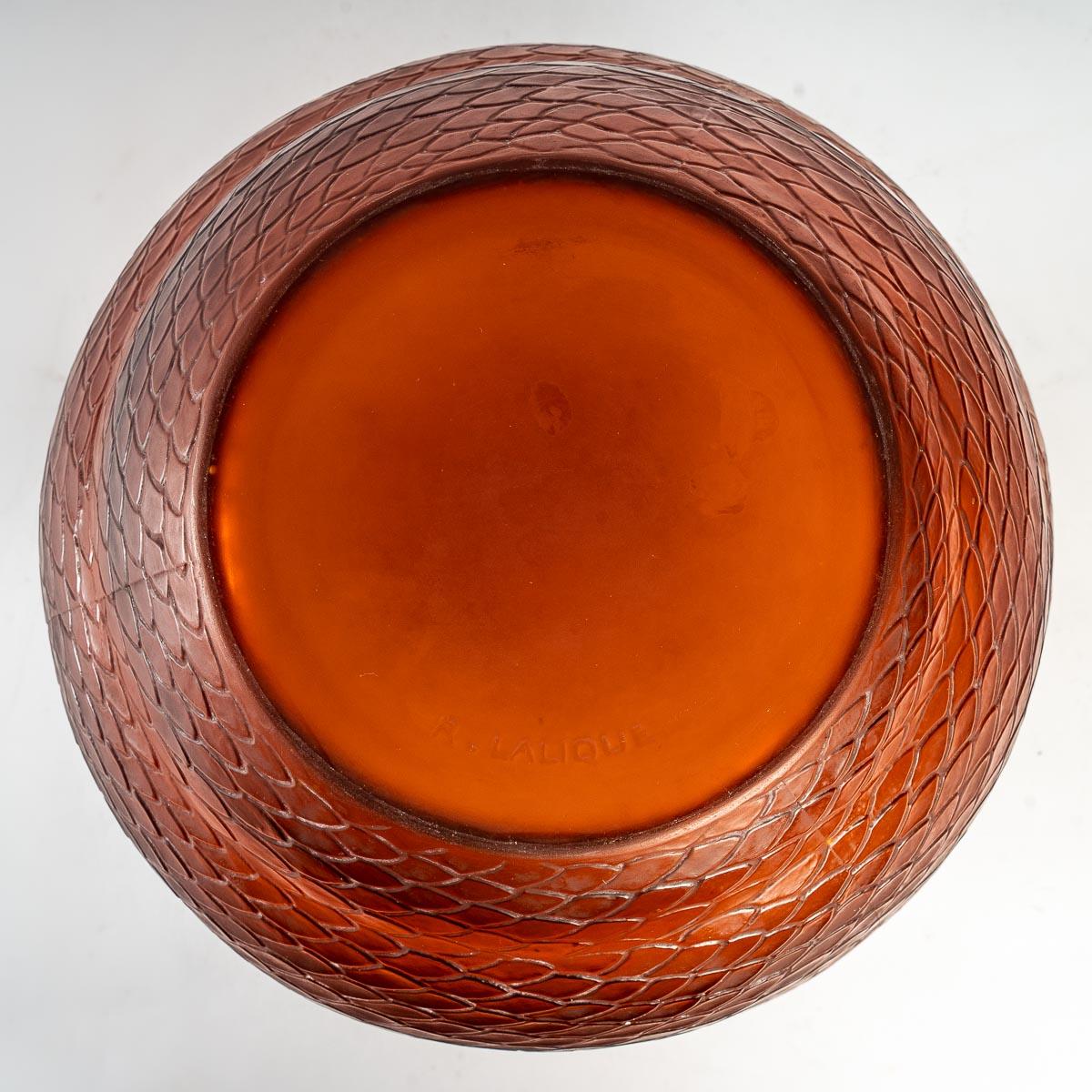 Molded 1924 René Lalique Serpent Vase in Amber Glass, Snake