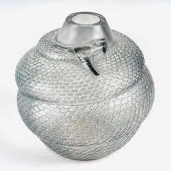 1924 René Lalique Serpent Vase in Frosted Glass with Blue Patina, Snake