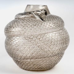 1924 René Lalique Serpent Vase in Frosted Glass with Grey Patina, Snake