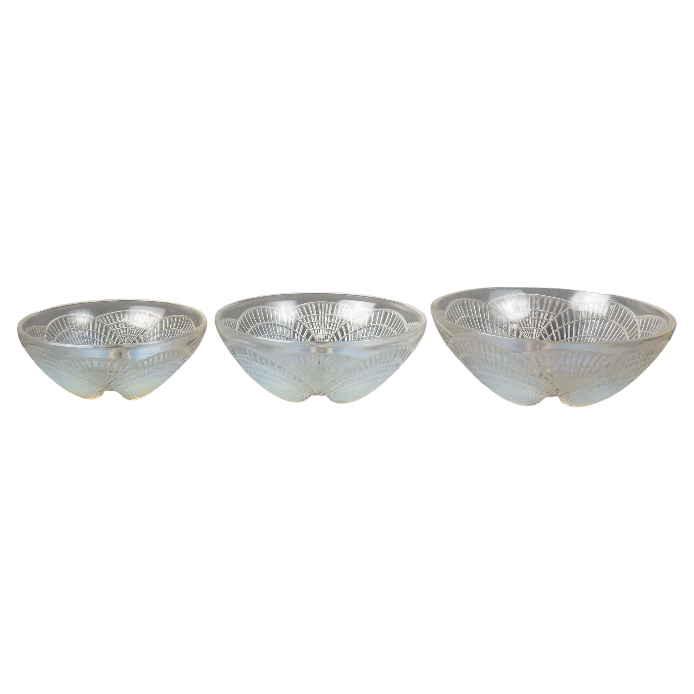 1924 René Lalique - Set Of Three Bowls Coquilles Opalescent Glass For Sale
