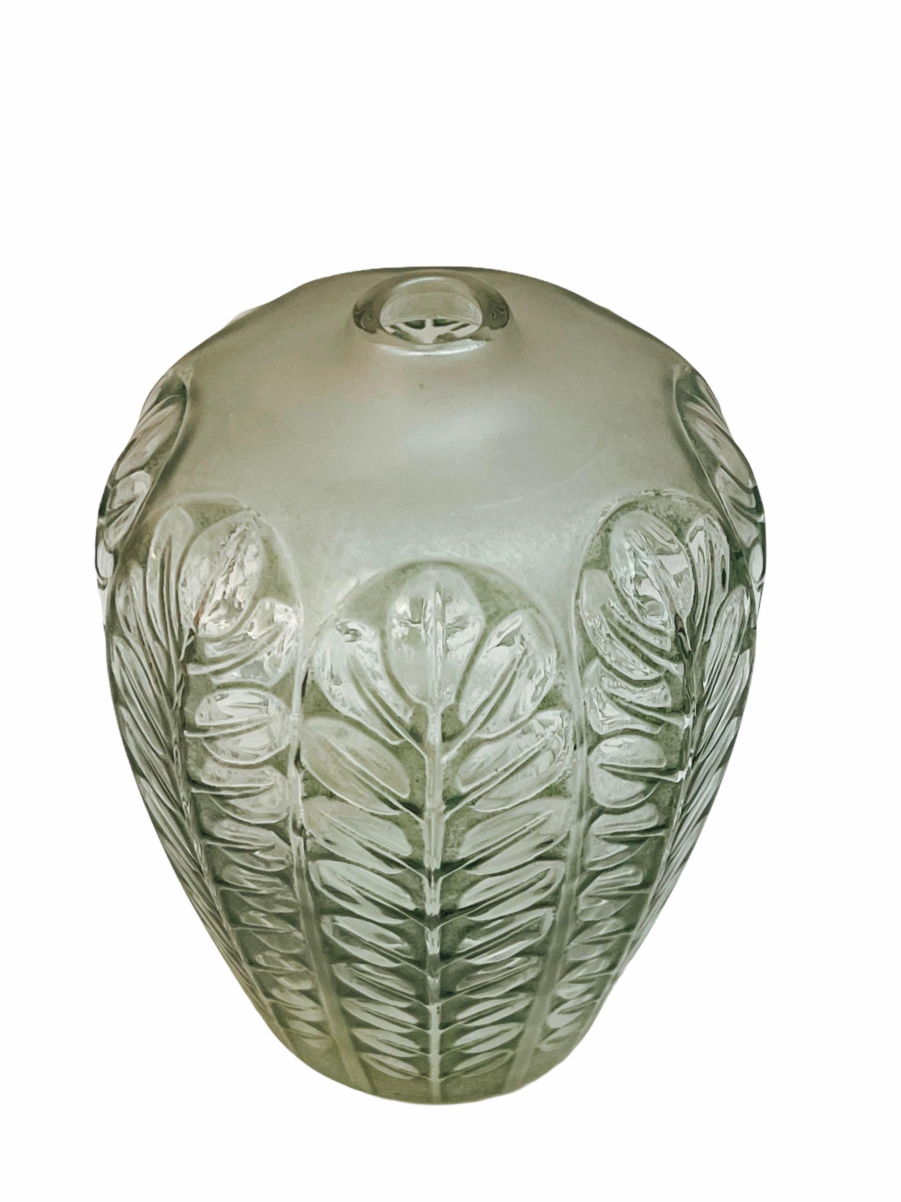 Art Deco 1924 René Lalique Tournai Vase in Frosted Glass with Green Patina