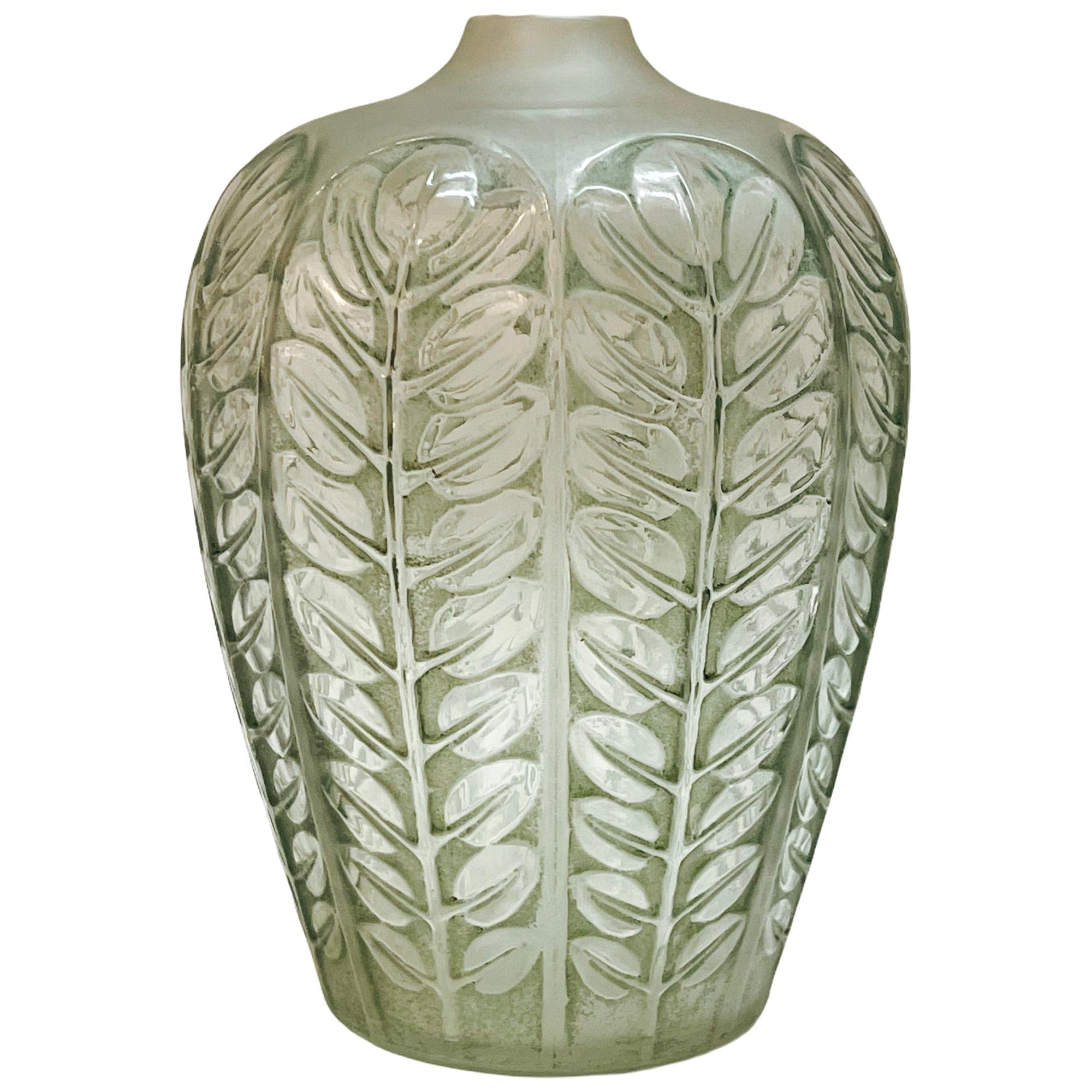 1924 René Lalique Tournai Vase in Frosted Glass with Green Patina