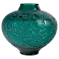 1924 René Lalique - Vase Aras Parrots Teal Green Glass White Patina