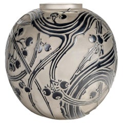 Antique 1924 Rene Lalique Vase Baies Berries Glass with Black Enamel