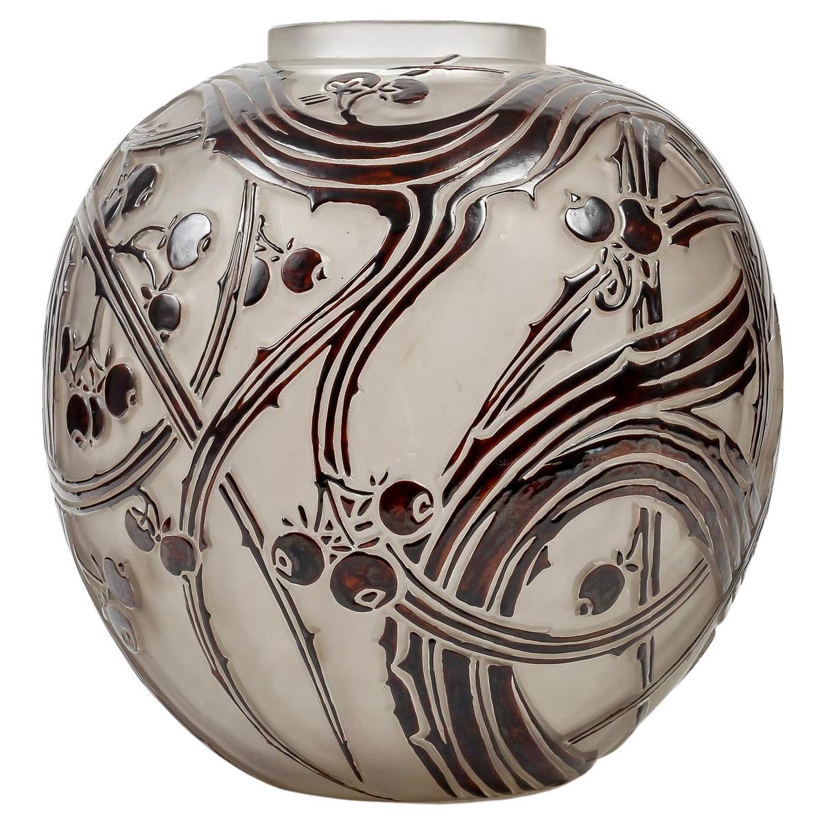 1924 Rene Lalique Vase Baies Frosted Glass with Brown Enamel For Sale